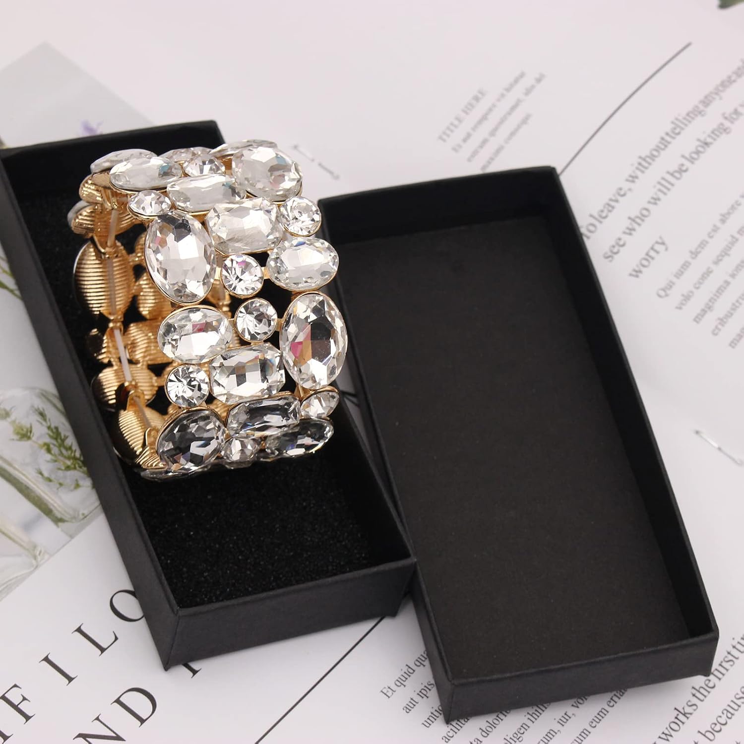 Women’s Wedding Bridal Crystal Leaf Flower Stretch Bangle Elastic Wide Bracelet Jewelry for Brides Bridesmaid - Image 6