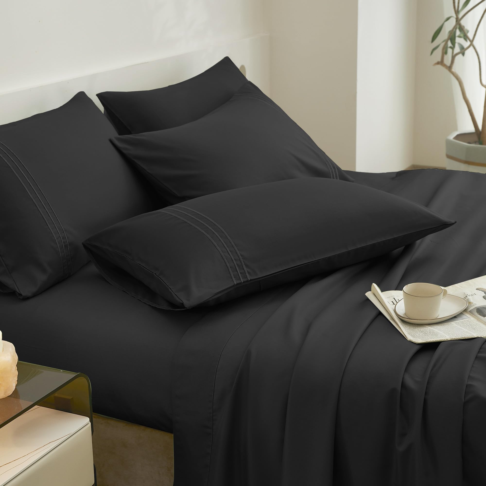 JELLYMONI Full Sheet Set - Black Soft Polyester Microfiber Sheets for Full Size Bed, Deep Pocket Up to 16", 4 Pieces Silky Bedding Sheets & Pillowcases