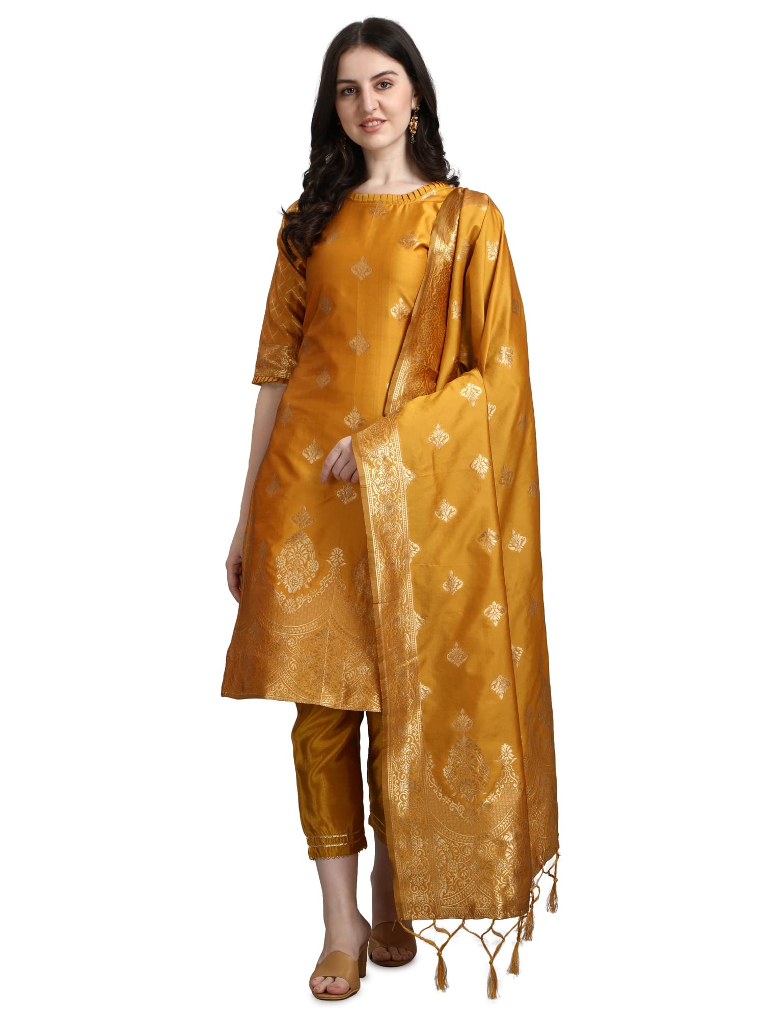 VredeVogel Women's Cotton Silk Jacquard Kurta Pant With Banarasi Silk Dupatta