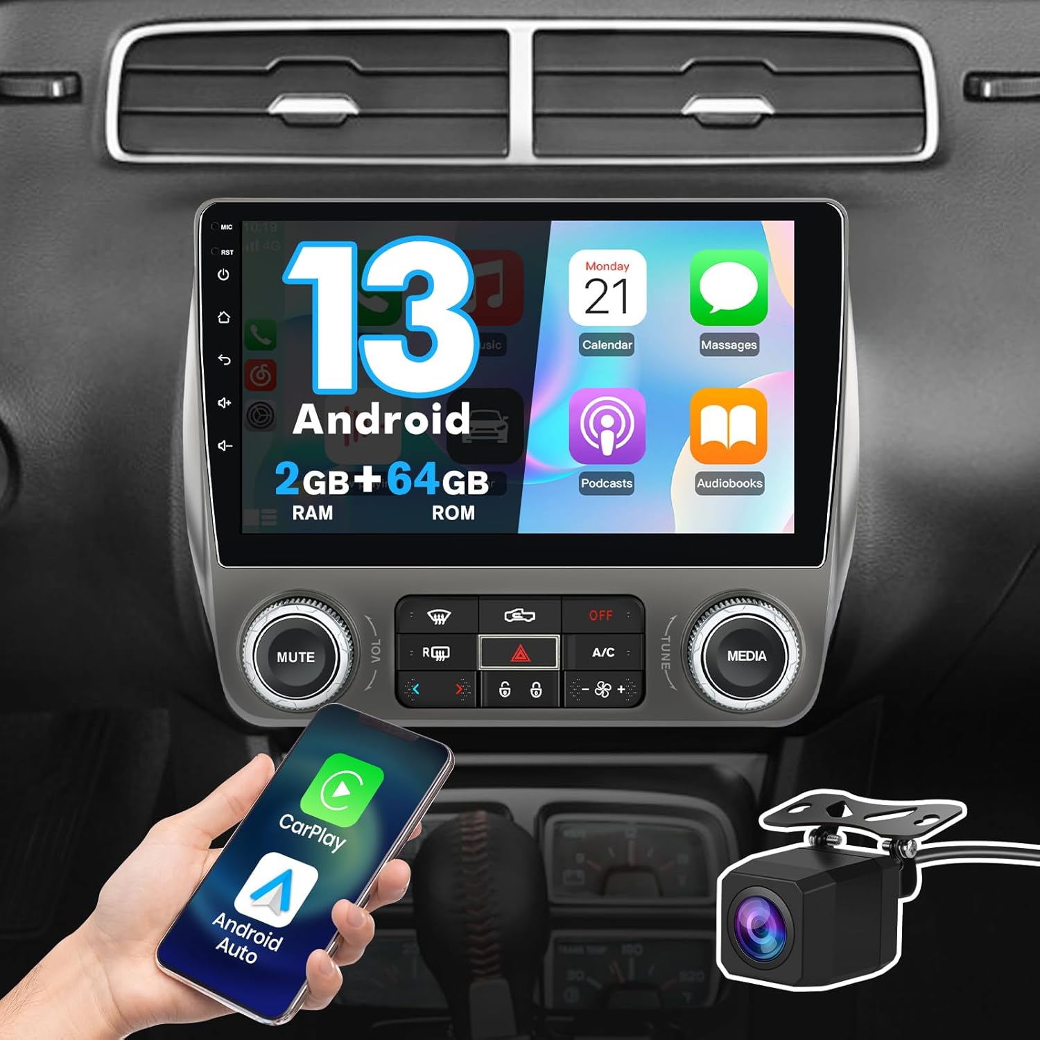 Car Radio for Chevrolet Chevy Camaro 2010-2015, 9" Touch Screen Android 13 Stereo Support WiFi Bluetooth GPS BT DSP SWC Wireless CarPlay Android Auto Reverse with HD Camera 2GB+64GB