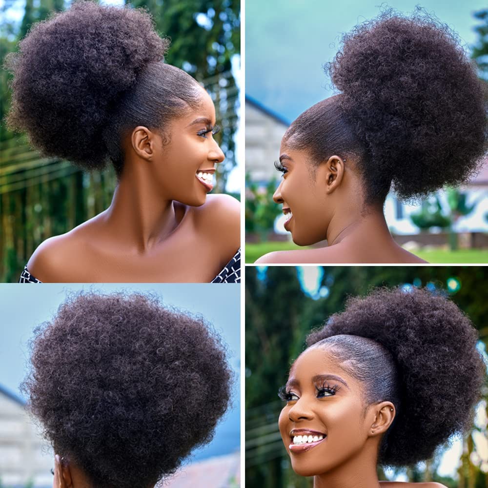 Cola de caballo afro con cordón y flequillo, extensión de cola de caballo para mujeres negras, postizo corto y rizado con clip (1B) (sin flequillo, 1B) 2