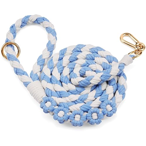 Handmade 5ft Braided Cotton Dog Leash with Unique Floral Handle, Durable and Stylish, Ideal for Small to Large Dogs,Blue & White Color