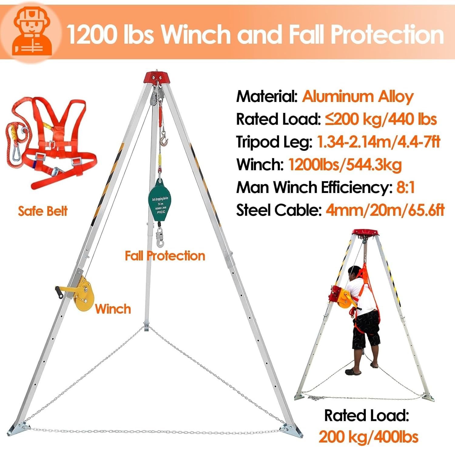 Trípode de rescate contra incendios con cabrestante de 1200 1800 2600 libras, Sistema de rescate con trípode de aluminio para entrada de túnel de pozo de alcantarillado(1200LBS Winch+Fall Prote