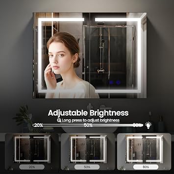 Bathroom Mirror Cabinet with Lights, Demister, Dimmable, 3 Colour Light, Wall Mounted LED Mirror Cabinet with Shaver Socket, 800x600mm