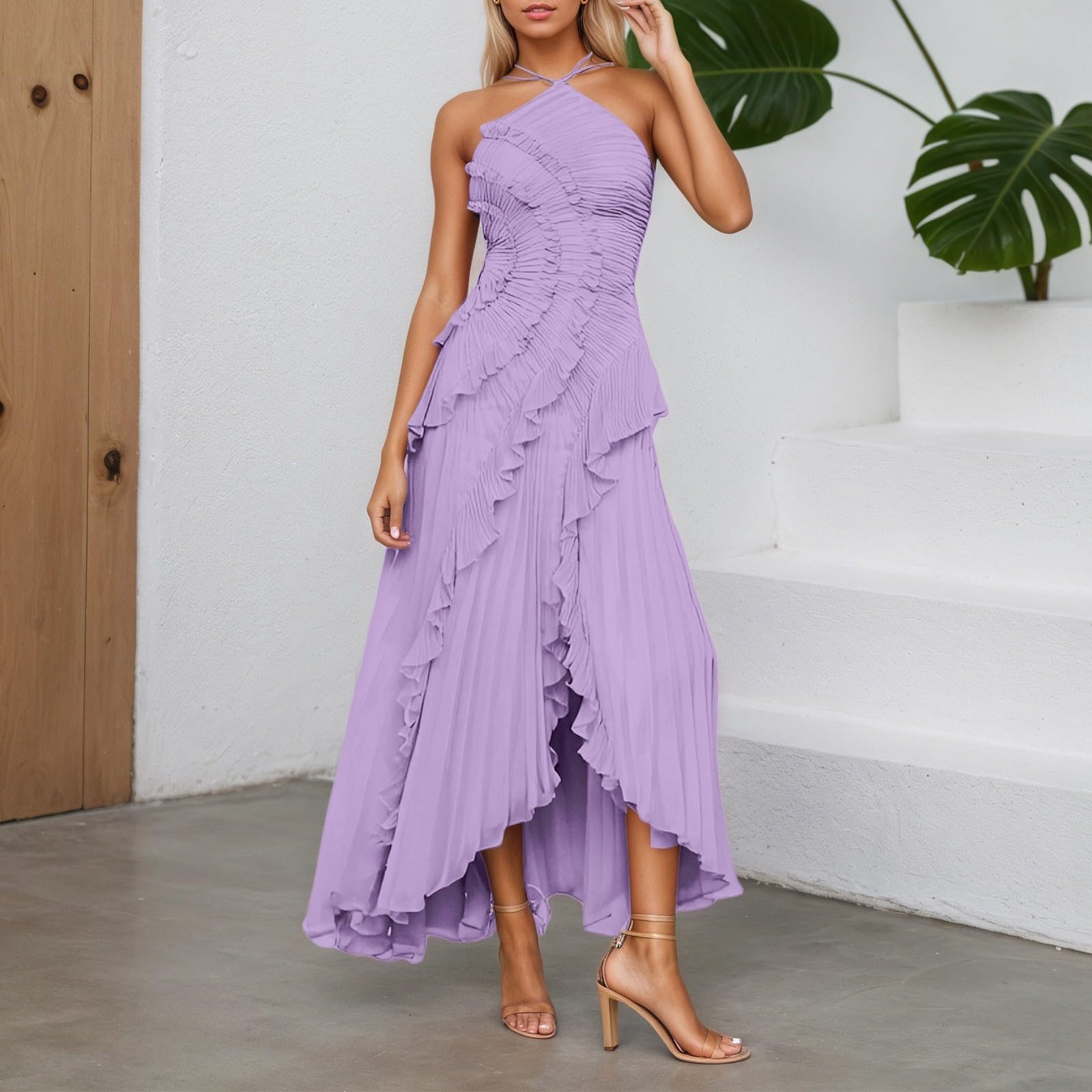Générique Robe Longue plissée à Volants pour Femme - sans Manches - Dos Nu - Irrégulière - Plissée - en Mousseline de Soie - pour Les invités de Mariage