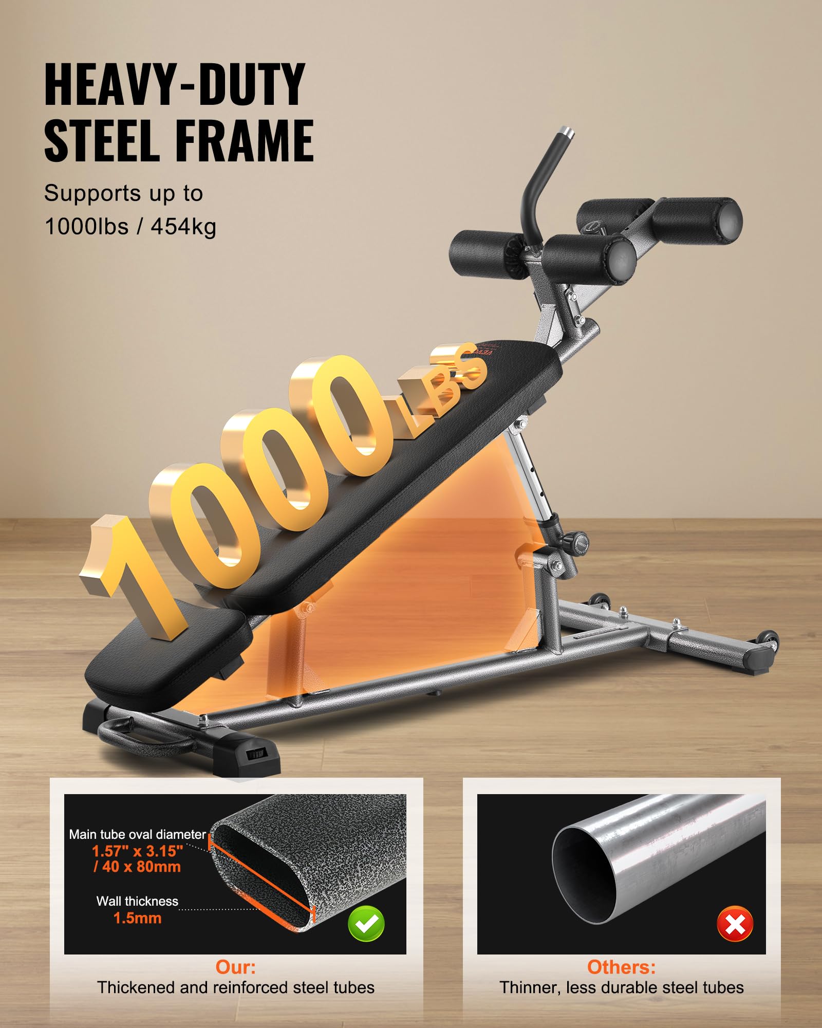 VEVOR Panca per addominali Decline con manico reverse crunch e regolazione dell'altezza regolabile, in acciaio resistente, capacità di 500/600/453,6 kg, per allenamenti in palestra a casa, allenamento