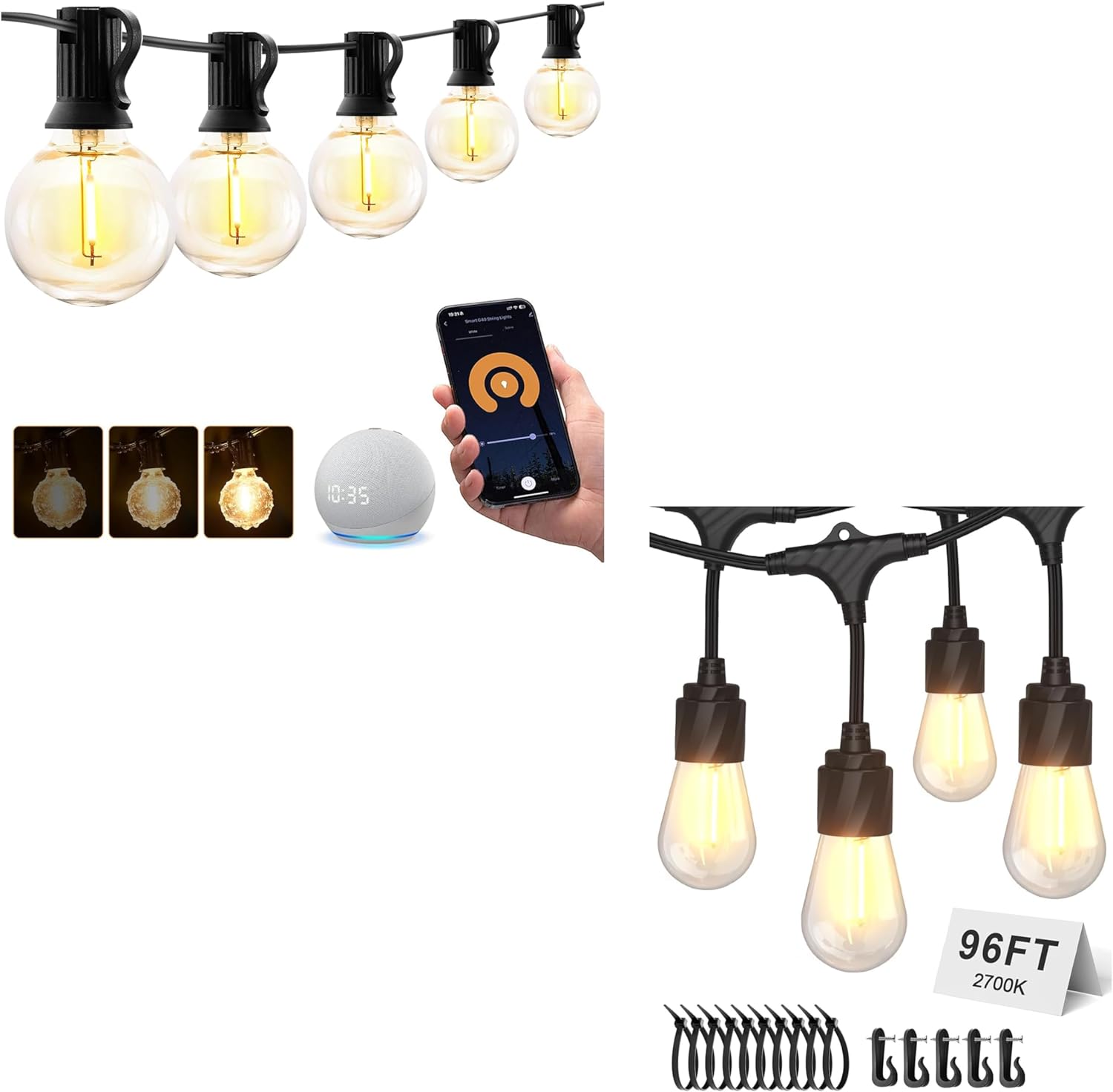 XMCOSY+ 75FT Smart G40 Warm White Outdoor String Lights + 96FT Outdoor String Lights Waterproof