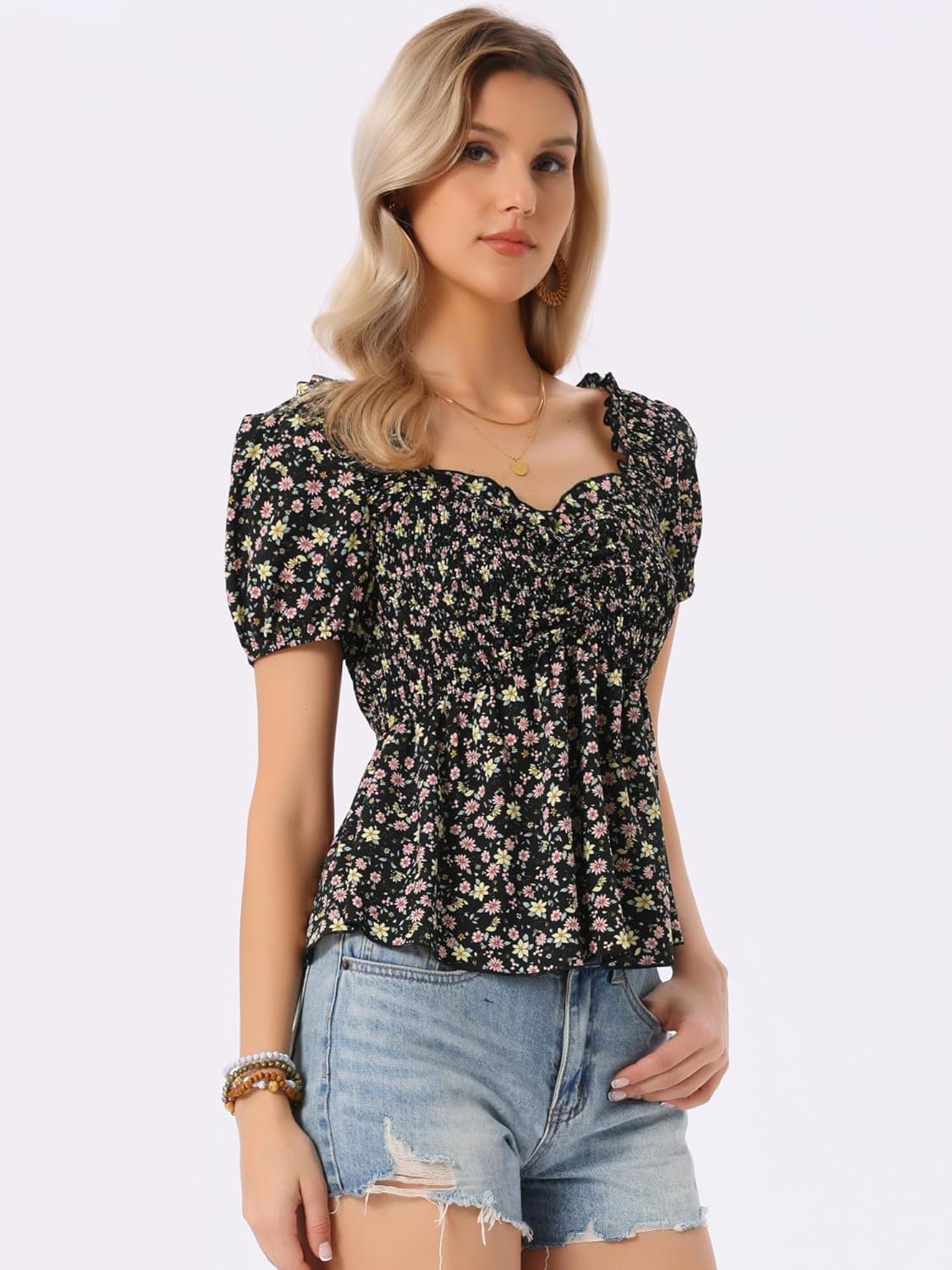 Allegra K Puff Short Sleeve Floral Blouse for Women's Sweetheart Neck Shirred Ruffle Peplum Top - Image 4