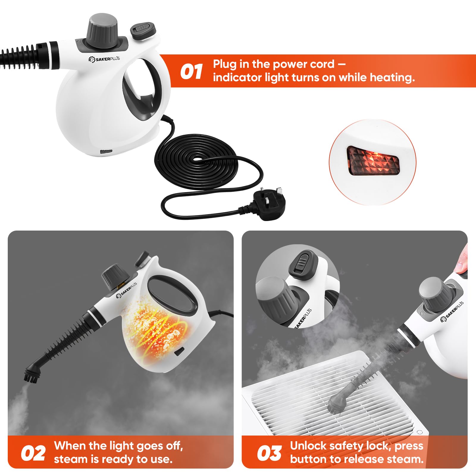 SakerPlus Dampfdesinfektionsreiniger, Handdampfer mit 9-teiligem Zubehör für die Reinigung von mehreren Oberflächen, natürliche Desinfektion für Küche, Boden (1 x Dampfreiniger-Kit)