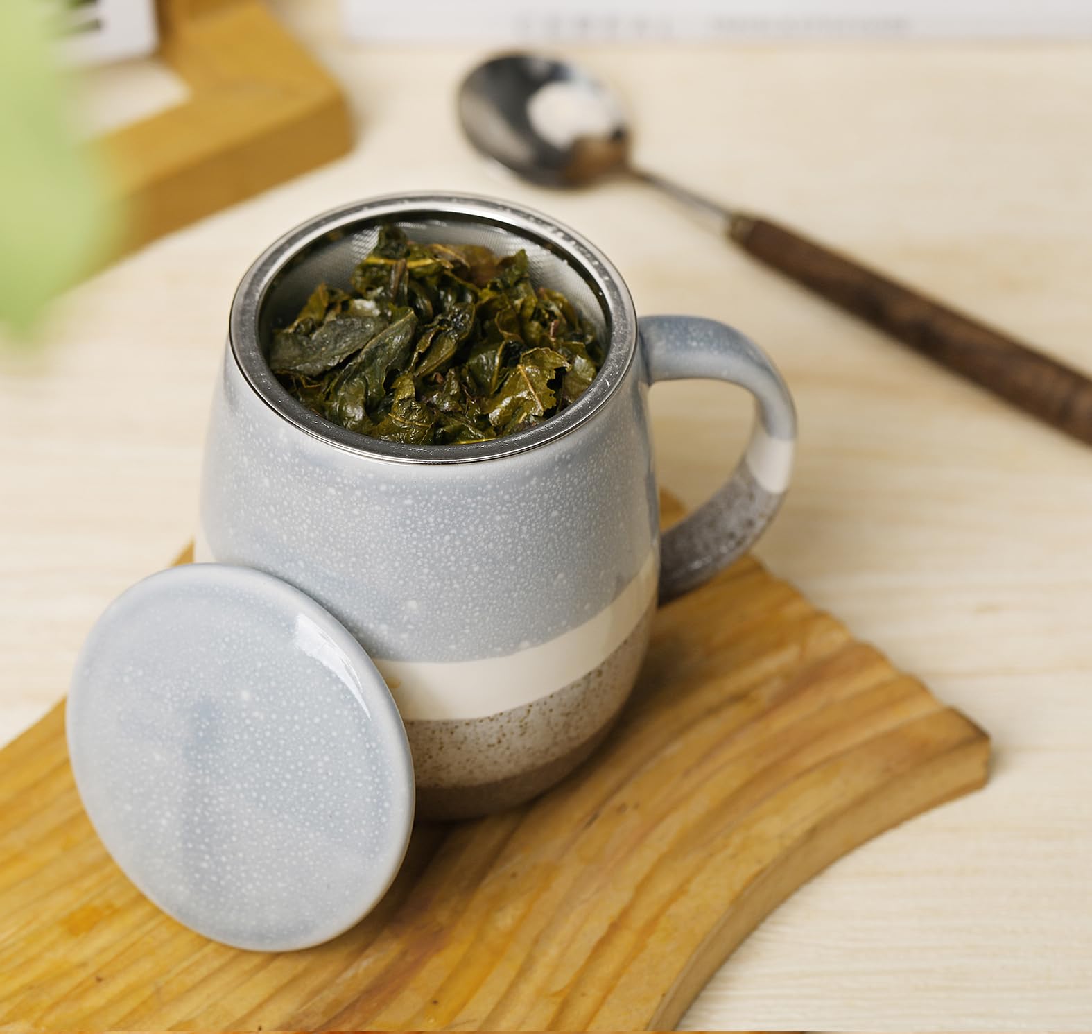 Tazza da tè con coperchio e colino, grande tazza in ceramica, 400 ml, per ammollo del tè
