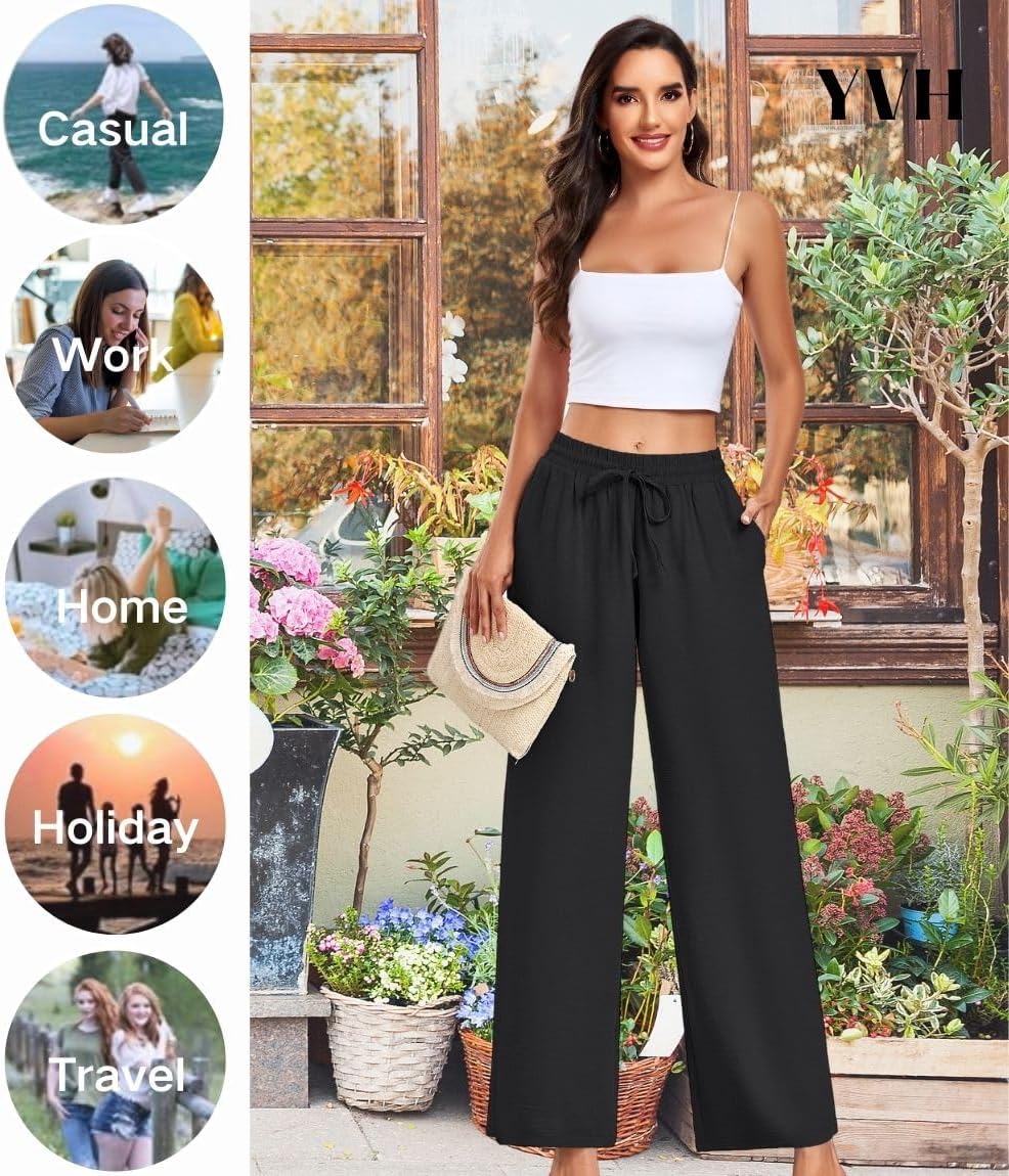 Women's Casual Pants Loose Fit Palazzo Pant Elastic Waist Drawstring Tie Knot Trousers with Pockets - Image 5