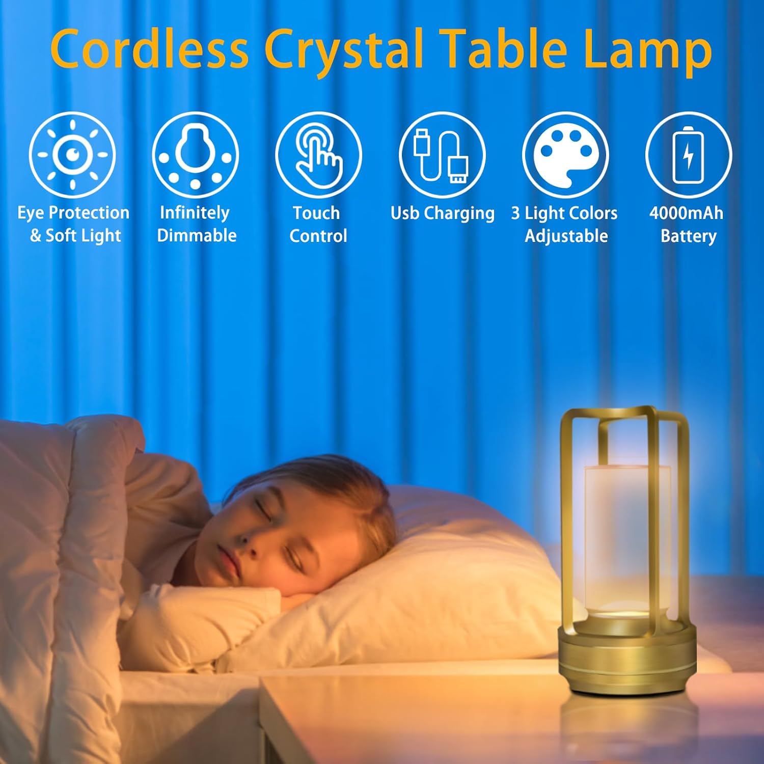 Cordless Rechargeable Table Lamps, Portable Lumisom Crystal Small Lantern Lamp with Touch Control & 3 Color Dimmable, 4000mAh Battery-Powered Klarako Crystal Desk Lanter for Outdoor Indoor (Gold)