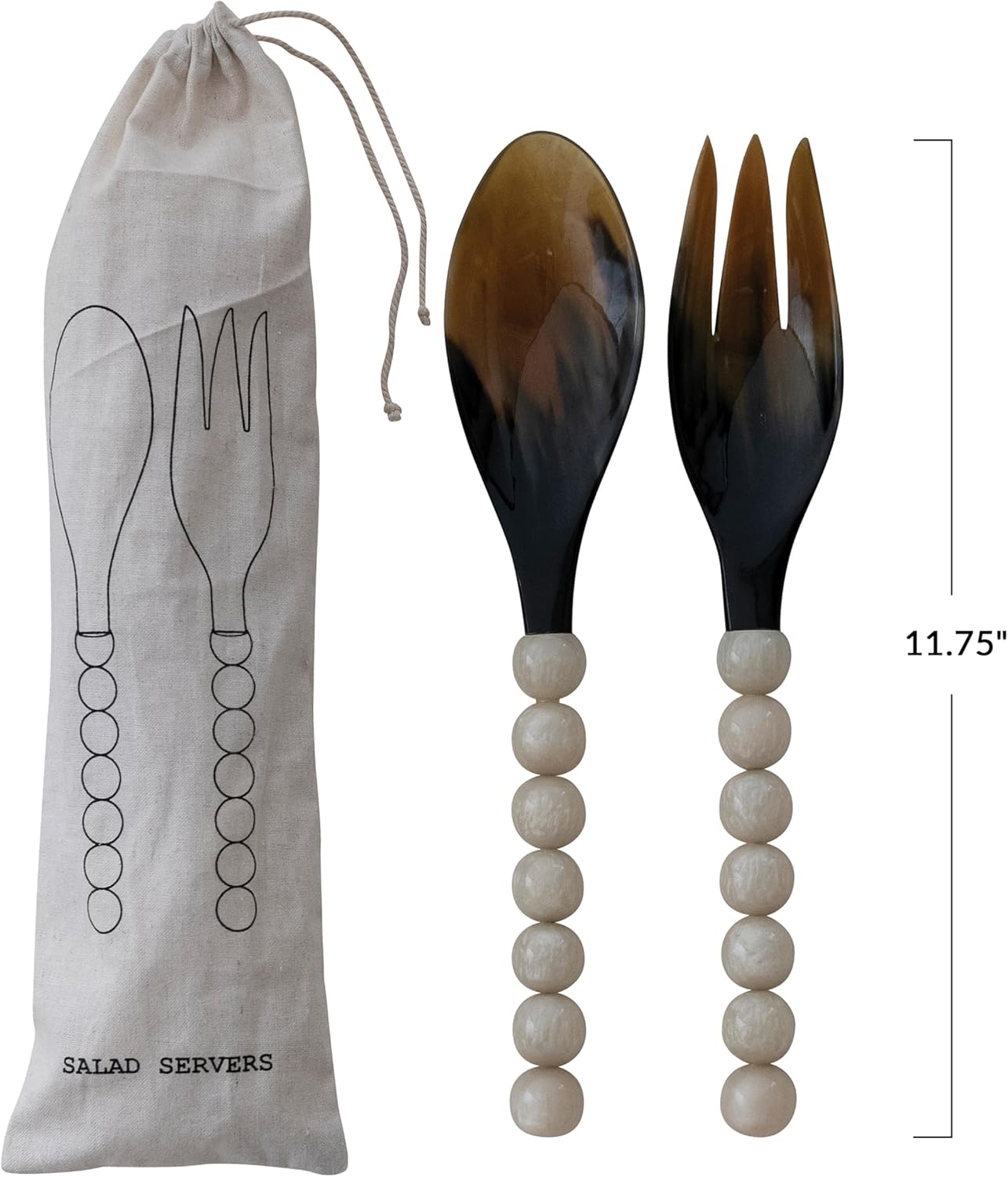 Creative Co-Op Natural Buffalo Horn Spoon and Fork Salad Servers w/Handles, Cream