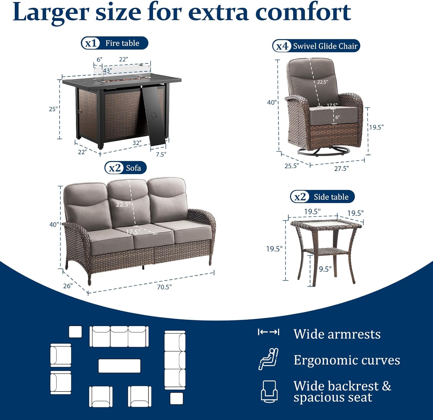 Outdoor Swivel Rocking Chair Patio Set (9pcs) High-Back - Thick Cushion Swivel Rocking Chair Patio with Fire Table Set, All-Weather Wicker Patio Furniture Set, Suitable for Balcony Patios, Brown/Gery