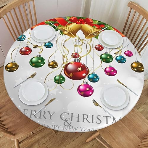 Delerain Mantel redondo ajustable de bolas de Navidad, mantel redondo impermeable con borde elástico, lavable, para interiores y exteriores, se