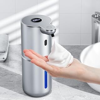 Seifenspender Automatisch mit digitaler Anzeige, Wandmontage, Berührungslos | 380ml, 6-Stufig Einstellbar, 3 Monate Akkulaufzeit, USB Wiederaufladbar, IPX5 Schaumseifenspender für Bad, Küche, Silber
