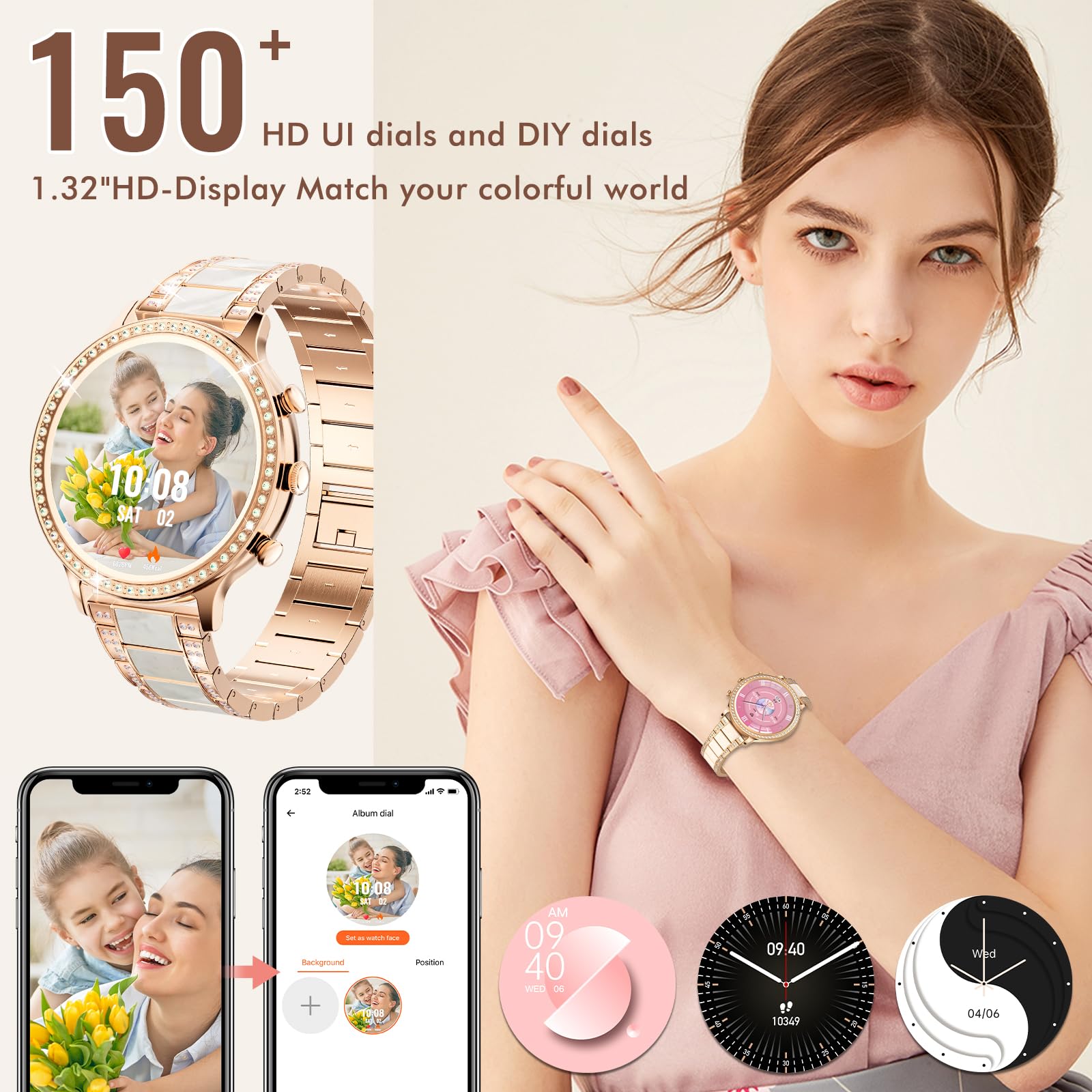 ZKCREATION Montre Connectée Intelligente Femme Appel - Smartwatch Zirconia Incrusté,Bluetooth 20 Modes Sports Fréquence Cardiaque,Sommeil,Podomètre pour Android iOS