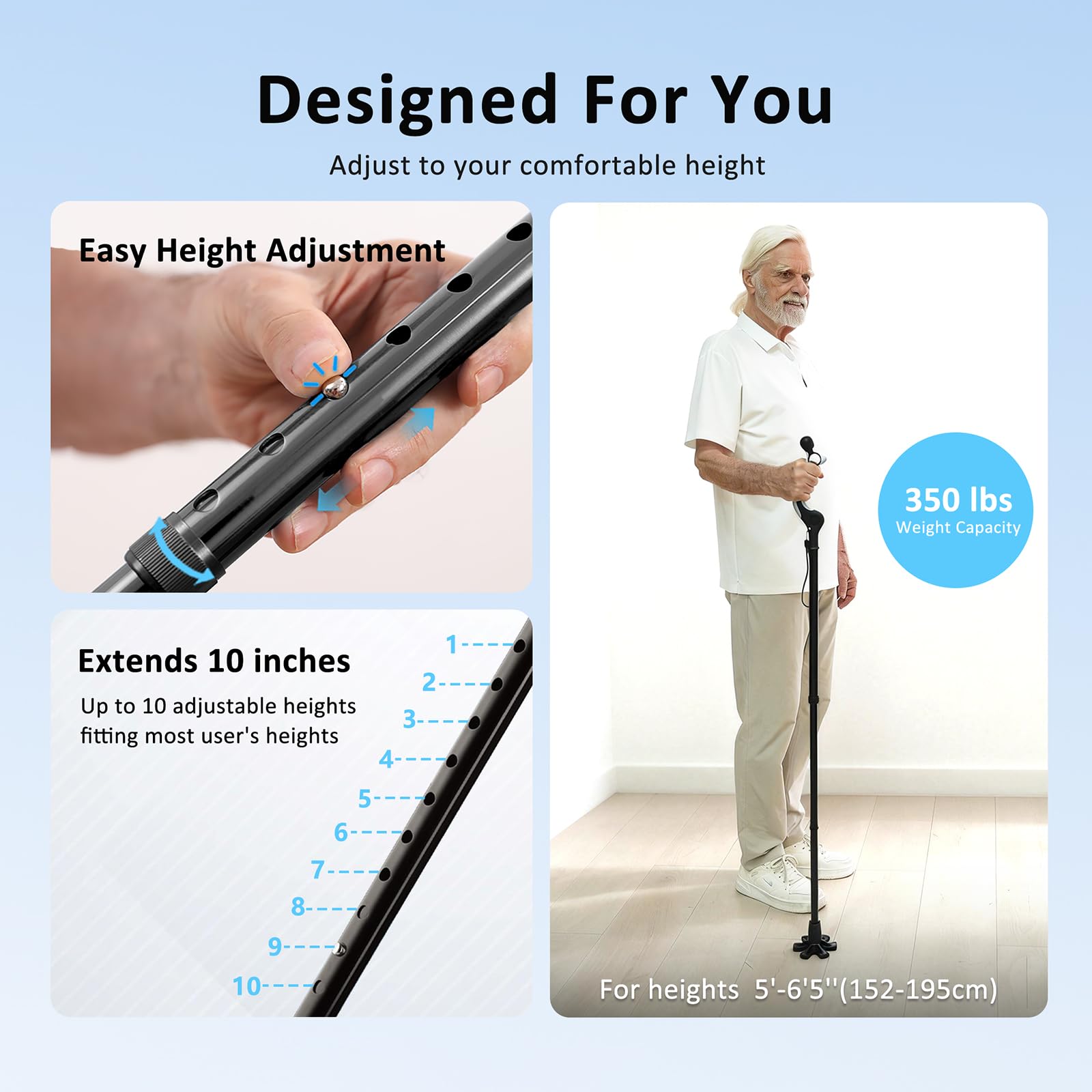 REHAND Bastone da Passeggio Regolabile per Anziani e Adulti – Impugnatura Ergonomica Antiscivolo, 10 Livelli di Regolazione dell’Altezza (101–124 cm), Portata fino a 159 kg