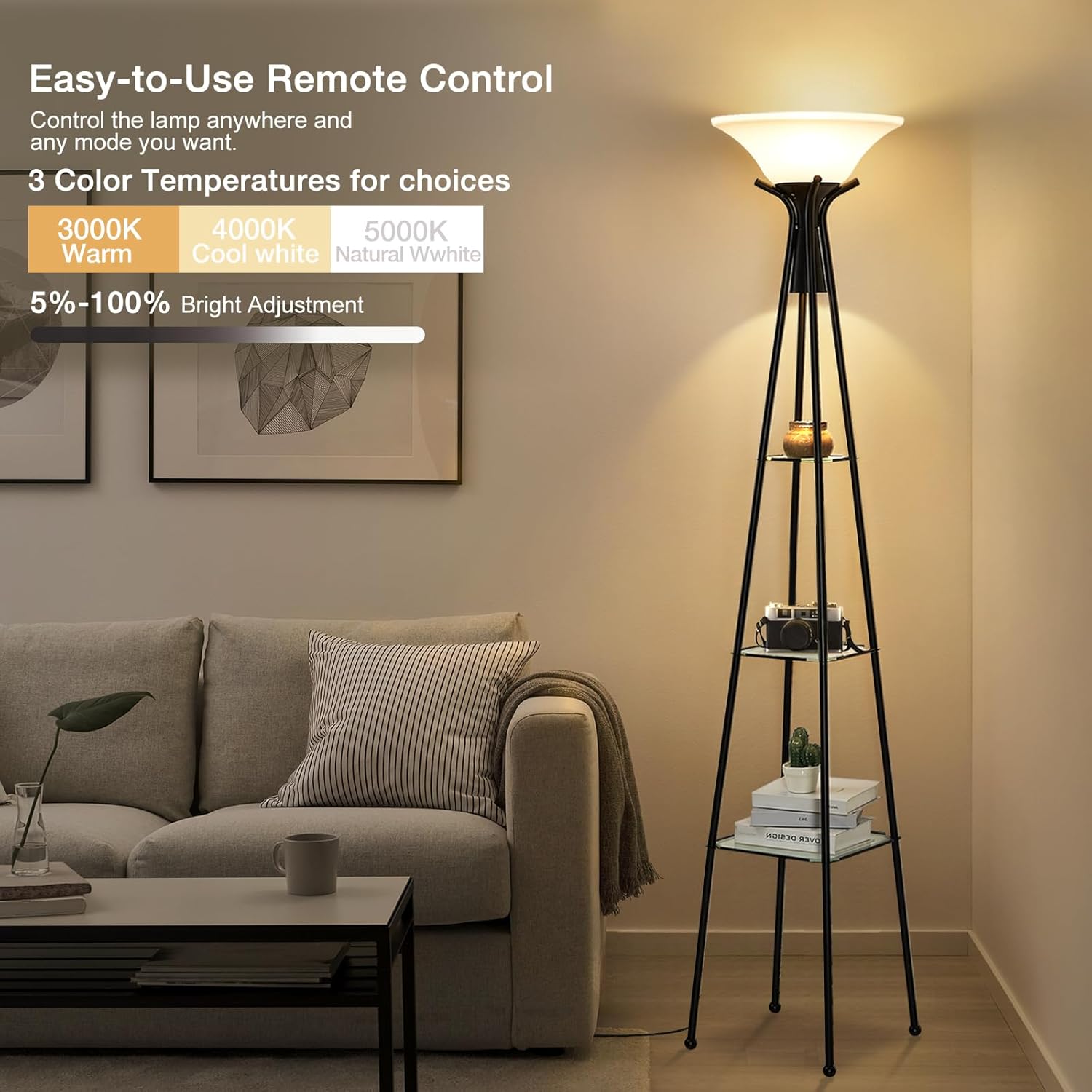 Floor Lamp with Shelves, 69” Tall Shelf Lamp with Remote Control, 3-Tier Glass Shelf Lamp, Dimmable Torchiere Floor Lamps for Living Room, Bedroom, Office, Adjustable Color Temperatures Bulbs Included