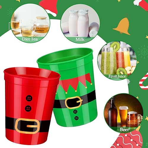 Miniatura 3 de 24 vasos de plástico de Navidad a granel desechables de Navidad, tazas de café desechables con cinturón de Papá Noel, tazas de Navidad de elfo rojo