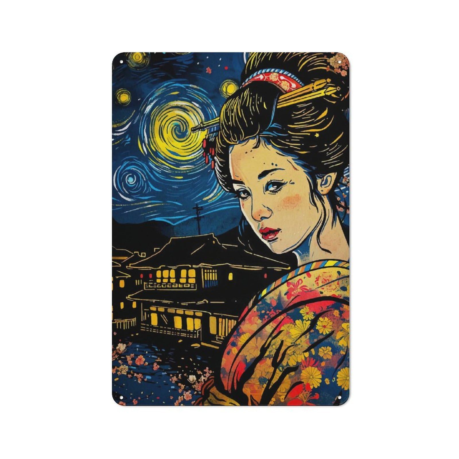 Geisha Japanese Vangogh Vintage Metal Wall Decor 30x20cm, Tin Sign for Cafe, Pub, Workshop Or Home Bar, Small Accent for Blank Walls