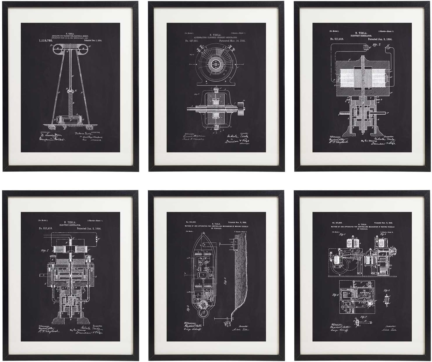 IDIOPIX Tesla Patent Prints Chalkboard Art Print Set of 6 Prints UNFRAMED No.1