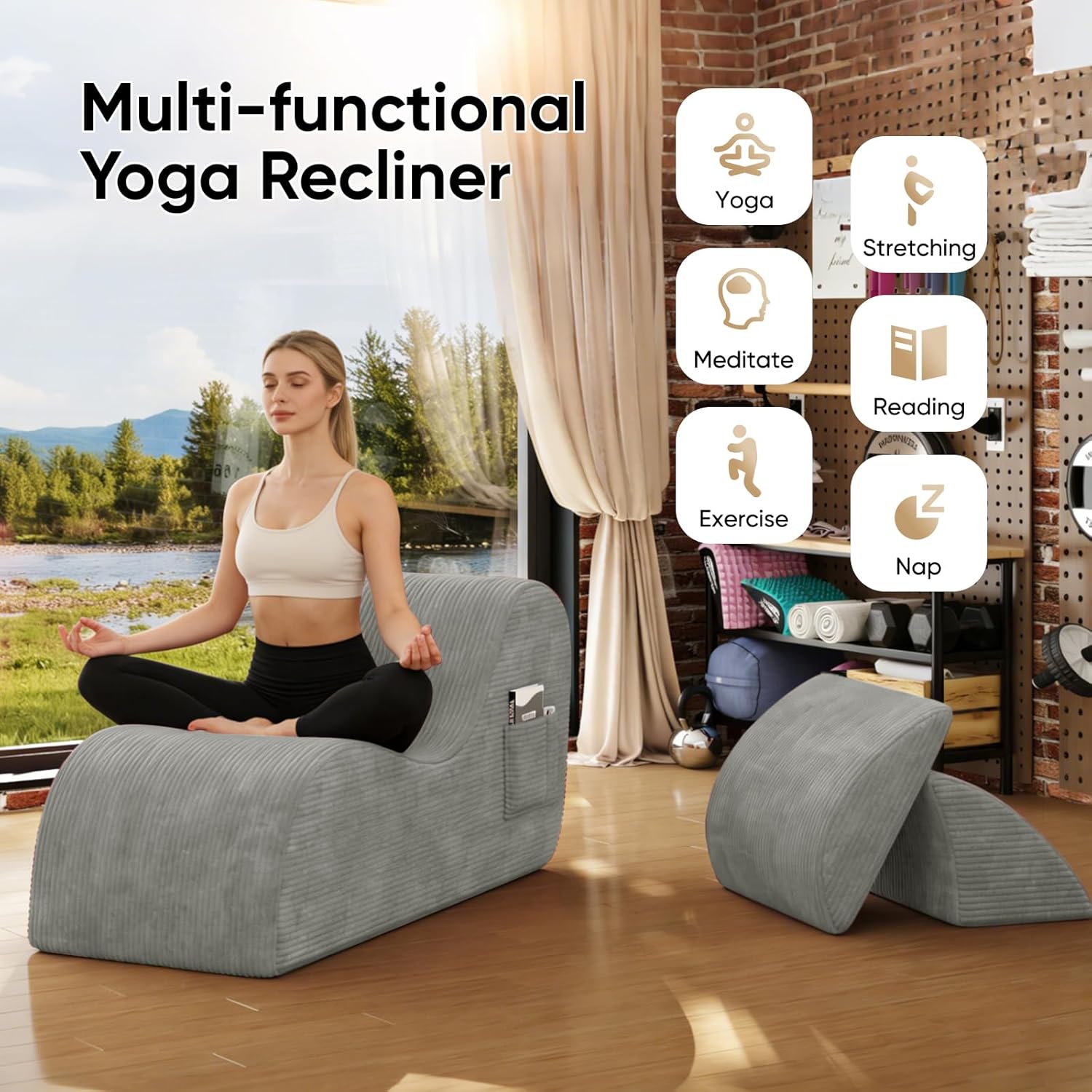 24" Wide Chaise Lounge Chair for Yoga & Exercise, Indoor Lounge Chair with Lumbar Cushion, Movable Footrest, Side Pockets, High-Density Foam Perfect for Stretching,Massage,Relaxation Grey