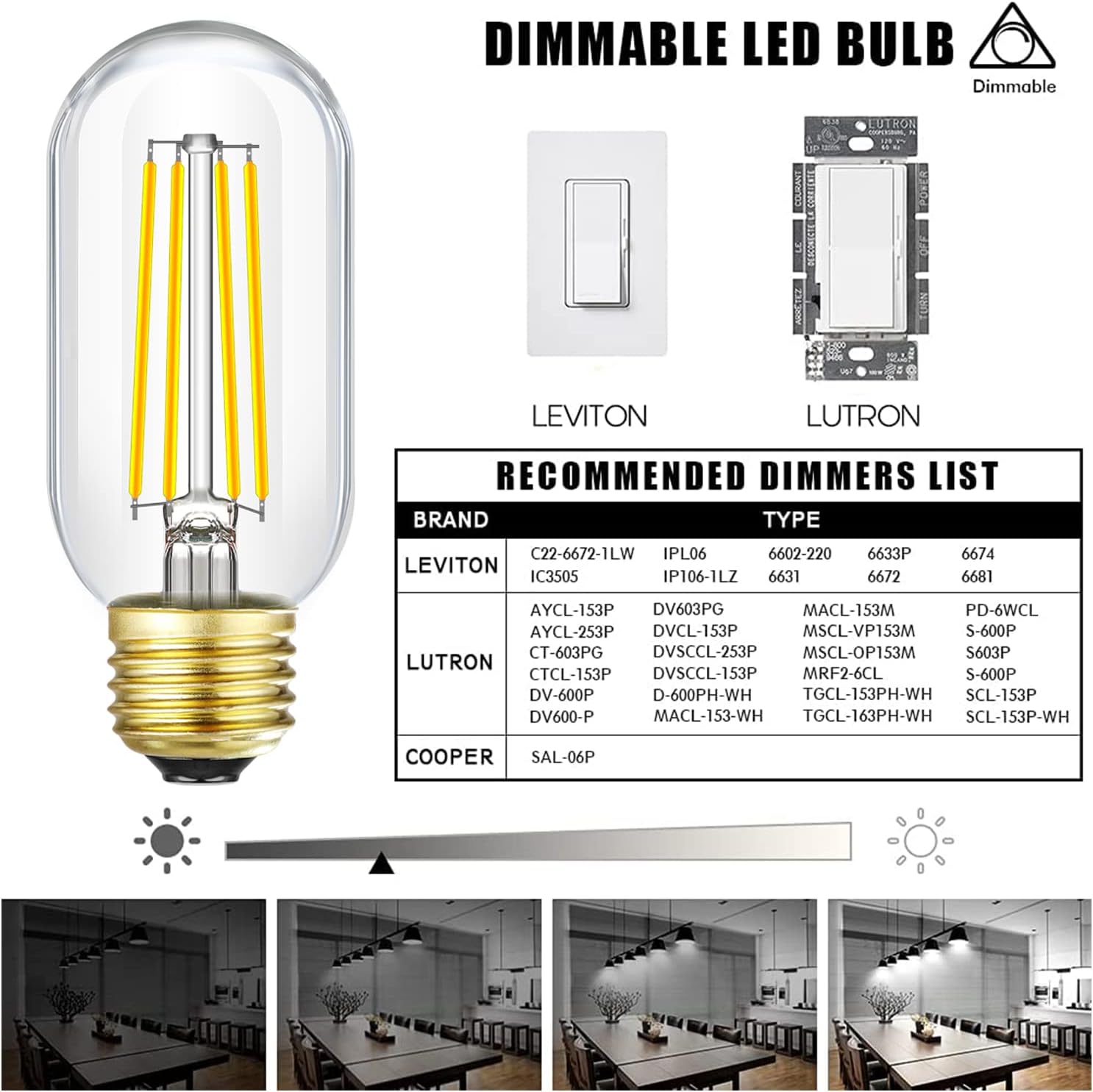 Leools E26 Edison Bulb 8W Equivalent E26 LED Bulb 100 Watt Dimmable Daylight 4000K E26 Light Bulb AC120V 800lm Tubular T14 LED Bulb for Pendant,Sputnik,Vanity,Chandeliers Pack of 6