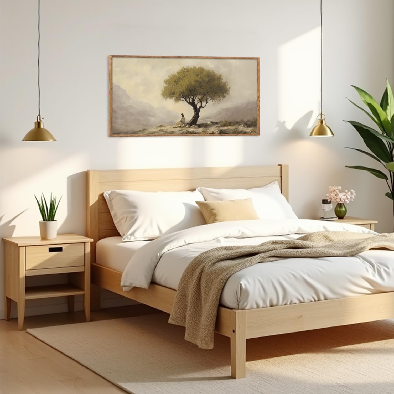 HLNIUC Jesus Sitting Under Olive Tree Canvas Wall Art,Religious Christian Horizontal Wall Decor,Easter God Bible Story Framed Artwork(40x20),Vintage Garden of Gethsemane Prints for Church,Living Room