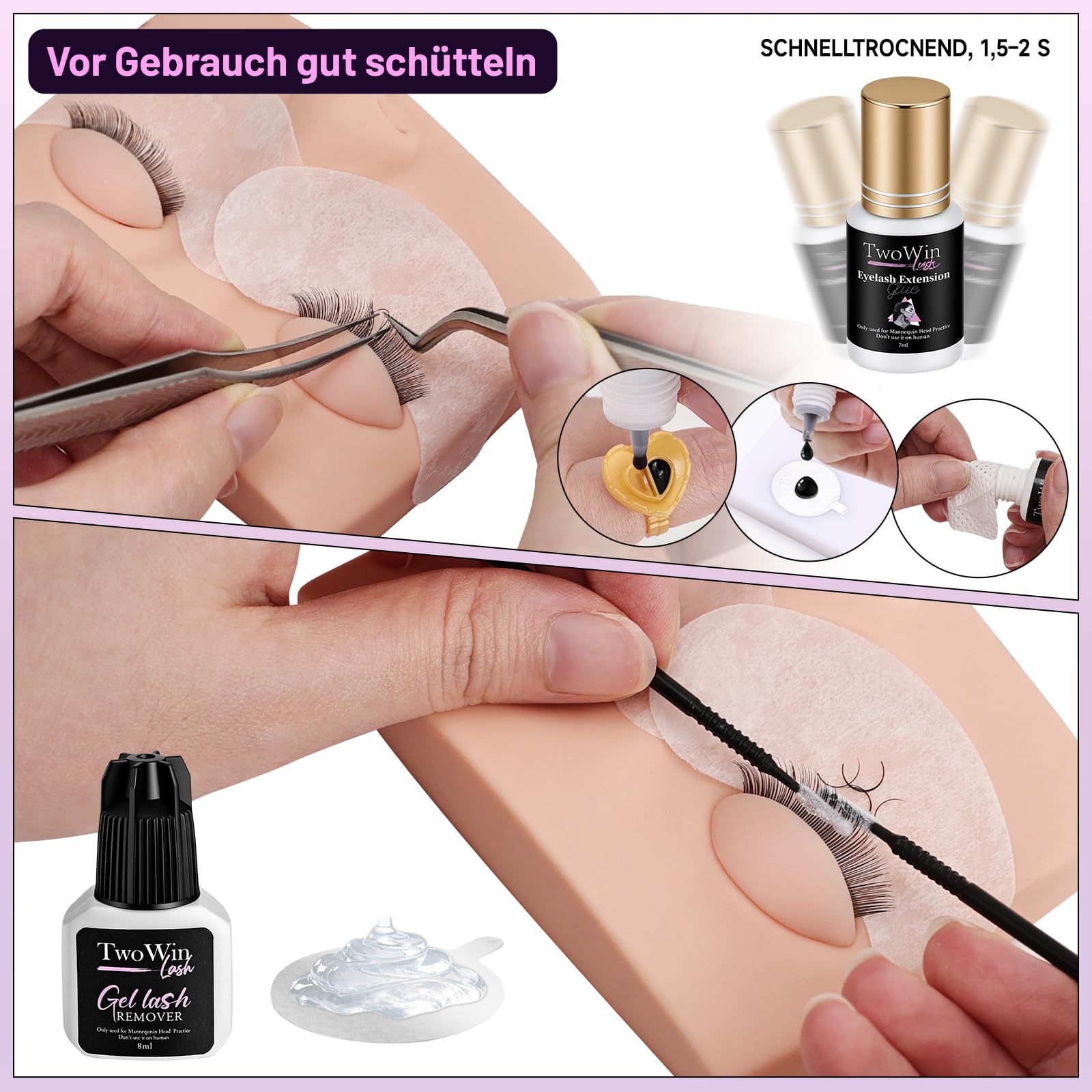TwoWin Wimpernverlängerungs Set with 4 pairs Removable Eyelids, Eyelash Extension Kit, Professionelle Wimpern Mannequin Kopf Set, Wimpern Extensions Set, Wimpernverlängerung Starterset