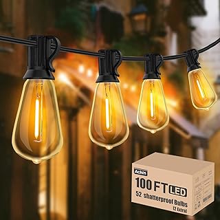 100FT Outdoor String Lights LED Dimmable Patio Lights String Waterproof with 50+2 Shatterproof Bulbs ST38 Vintage String Lights for Outside Gazebo Bistro Lights, 2200K Warm White