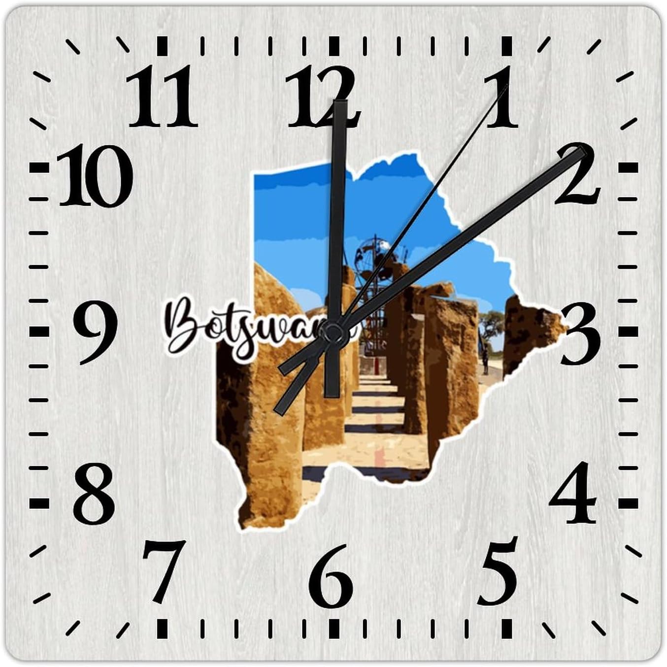 Square Wall Clock Botswana World Landmark Building Large Wall Clock Botswana Map 15in Square Silent Non-Ticking Unique Wood Clock for Home Office Classroom School Hotels Dog Lover Gift
