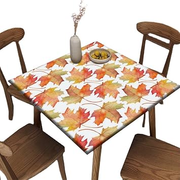 Elastic Edge Square Fitted Tablecloth, Autumn Maple Leaf Polyester Table Cover, for Indoor Restaurant or Outdoor Patio Party Dining, Fit for 36" x 36"Square Table