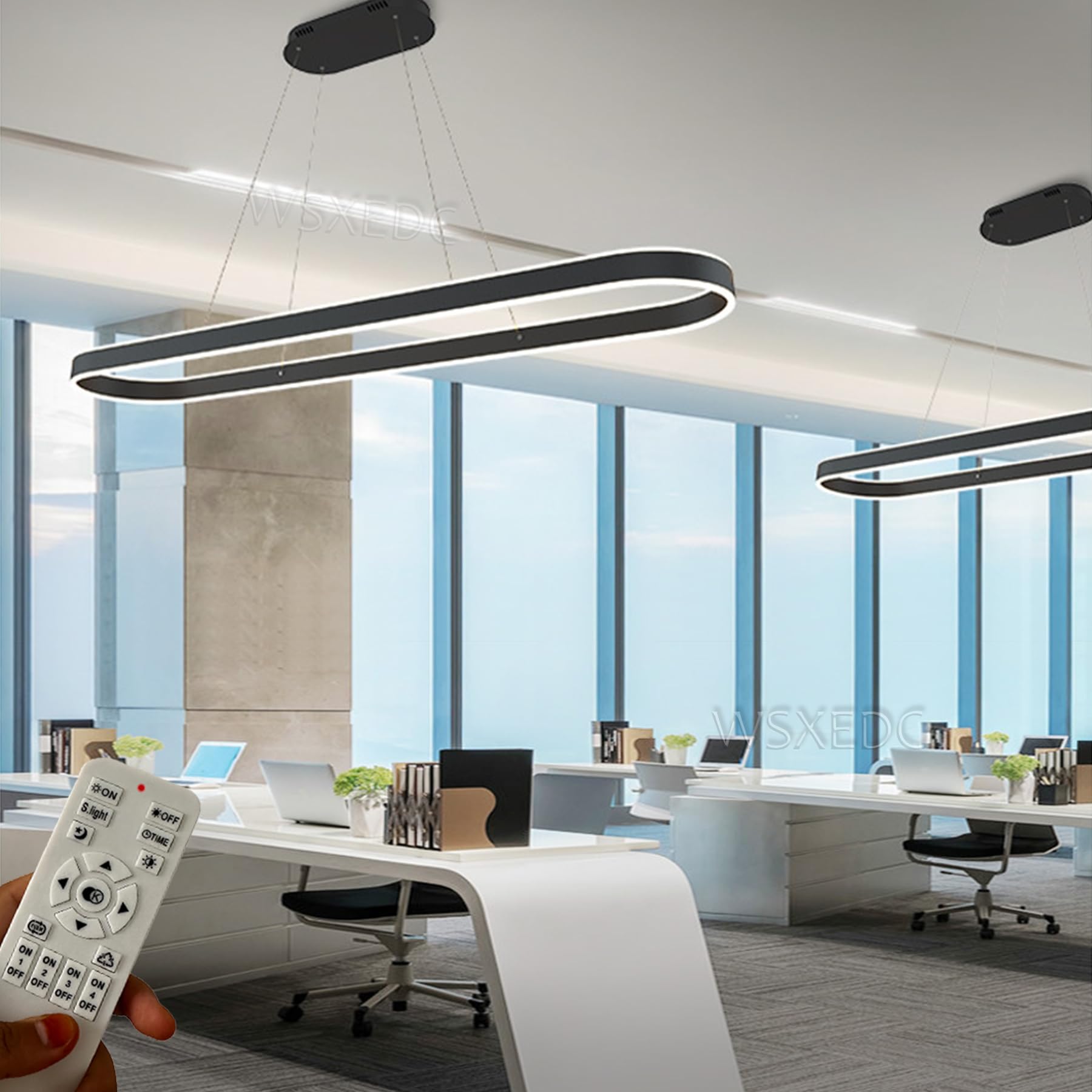WSXEDC Dimmable Black LED Pendant Lights Oval Dining Table lamp Modern Dining Room Chandelier Remote Controls Height Adjustable Lighting Studio Hanging lamp Office Ring Living Room lamp L120cm 110W