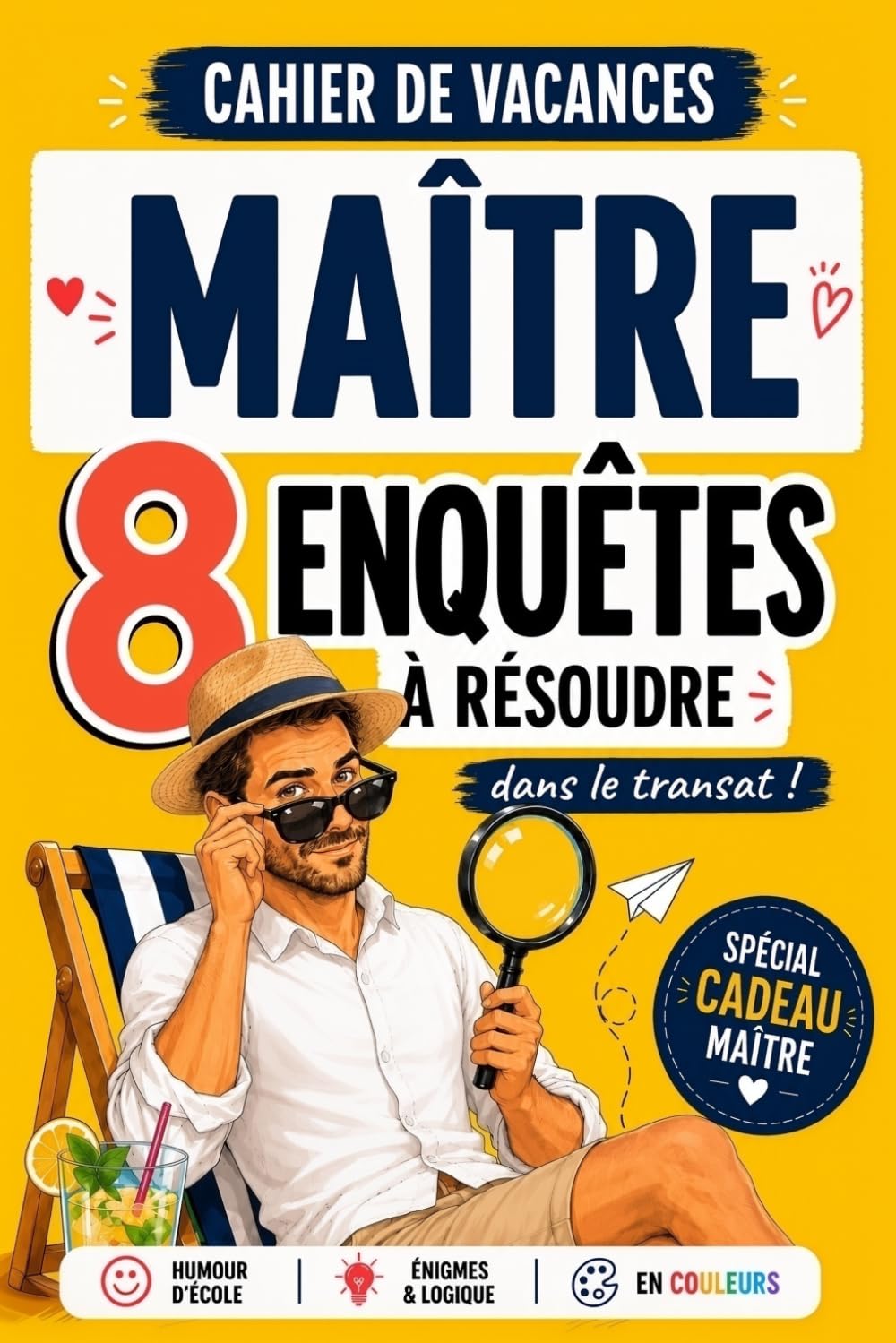 Cahier de Vacances Maître : 8 Enquêtes à Résoudre dans le Transat: Cadeau Maître d'École Original Fin d'Année - Humour, Énigmes & Jeux 100% en Couleurs