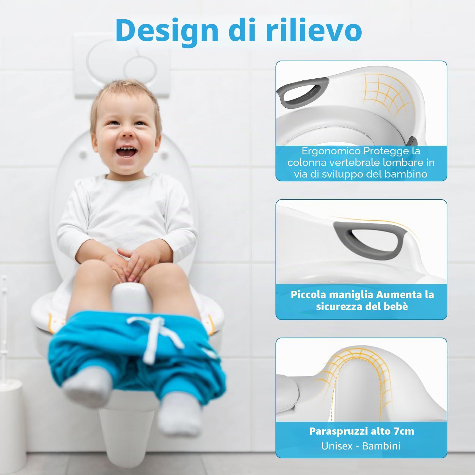 MAMIZO Riduttore WC Bambini, Riduttore WC Bambini Portatile, Riduttore Water Bambini con Paraspruzzi e 2PCS Maniglia per l'uso su WC rotondi e Ovali, Adatto a Bambini 1-7 Anni, Bianco