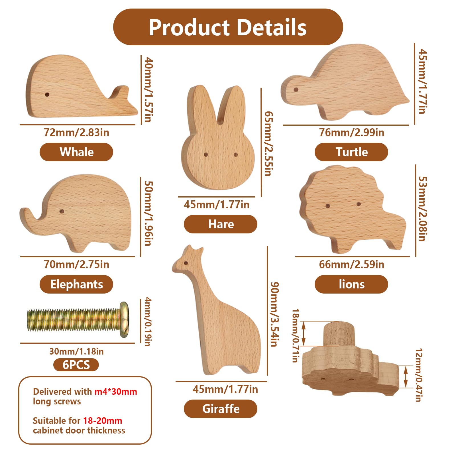 Boutons de Tiroir en Bois Massif,6 Pièces Poignées de Meubles en Bois Pour Animaux,Boutons de Porte D'Armoire en Bois,Poignée de Tiroir Avec Vis,Poignées de Meubles en Bois