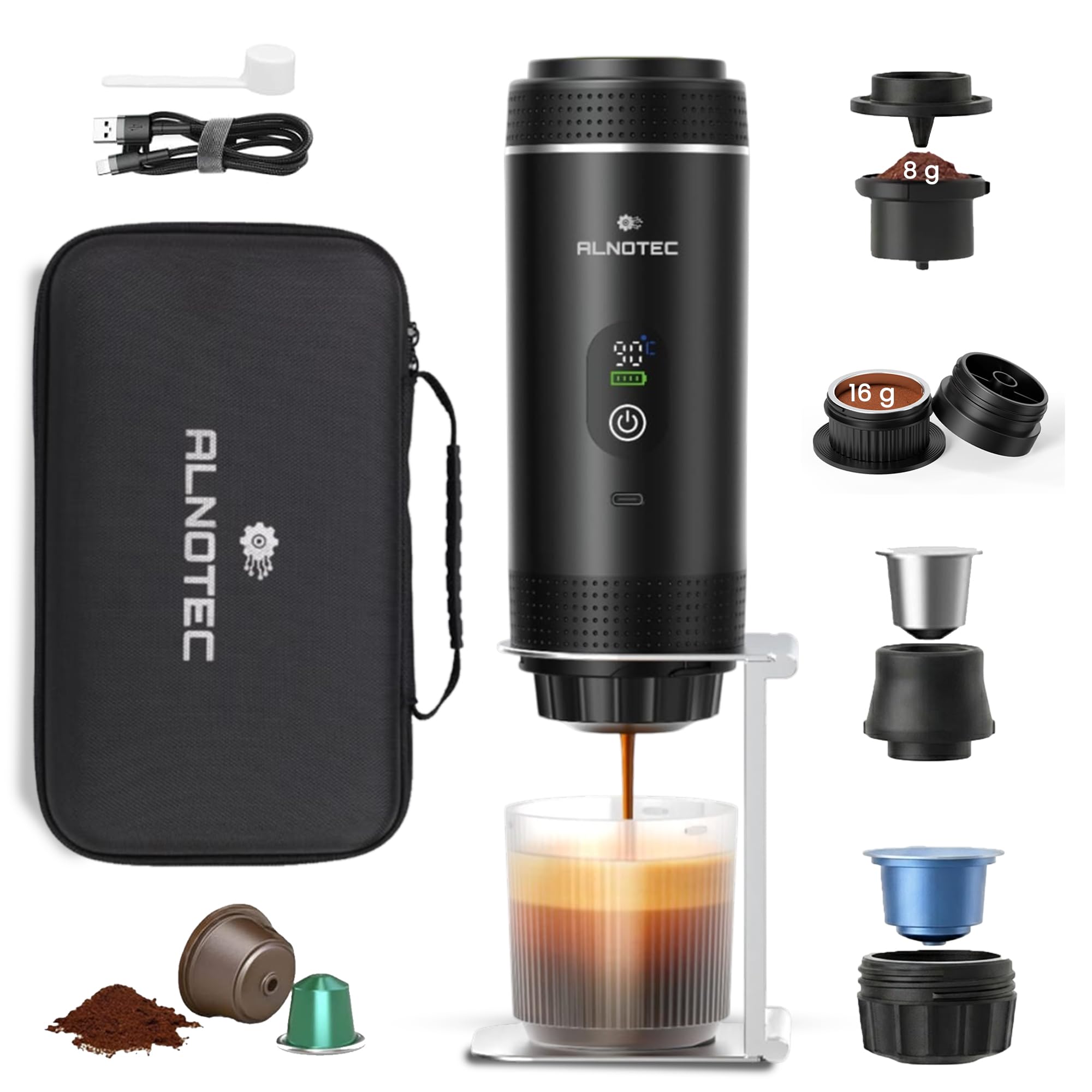 Cafetera portátil eléctrica con calefacción automática, 20 bar – 3 en 1 compatible con cápsulas NES, DG y café molido, 80 ml – Pantalla LED – Funda + soporte incluido – Recargable USB-C