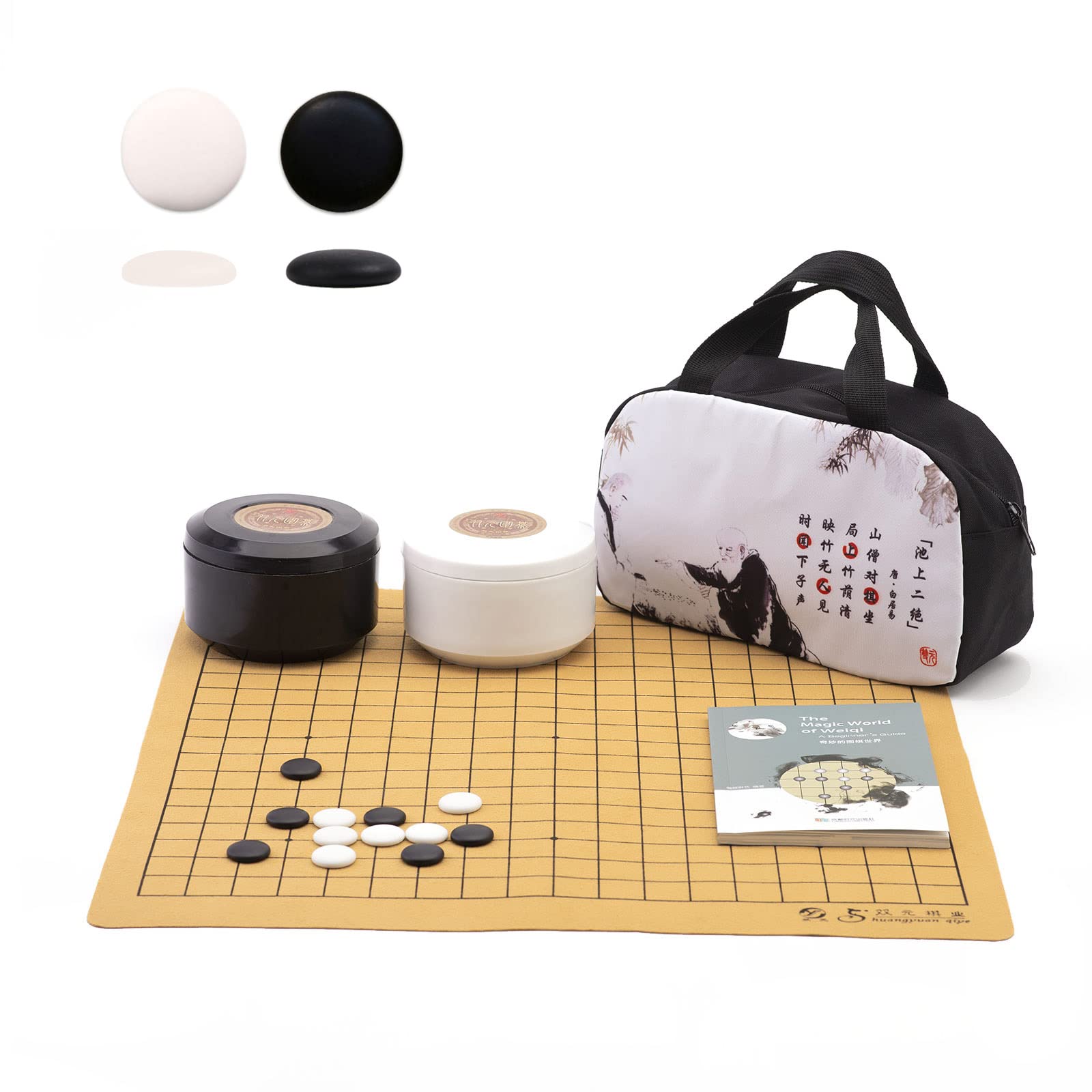 Travel Go Set Single Convex Ceramic Stones with 13x13 / 19x19 Roll Up and Foldable Chessboard Black and White Go Jar Classic Strategy Board Game (Baduk/Weiqi)