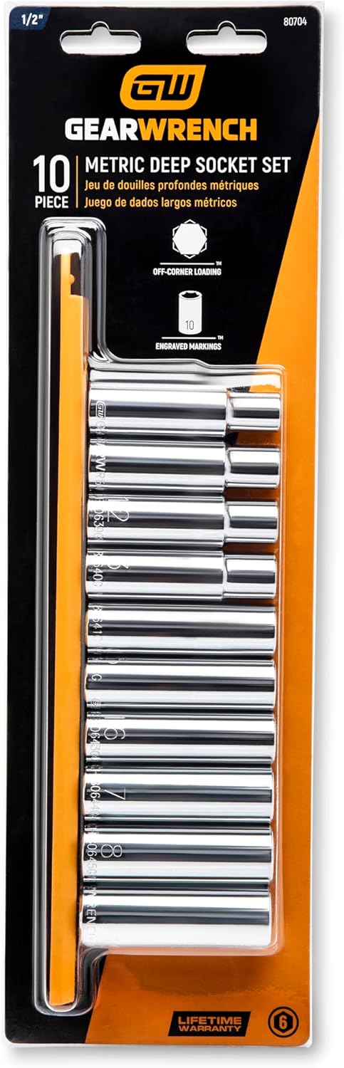 GEARWRENCH 10 Pc. 1/2" Drive 6 Pt. Deep Socket Set, Metric - 80704