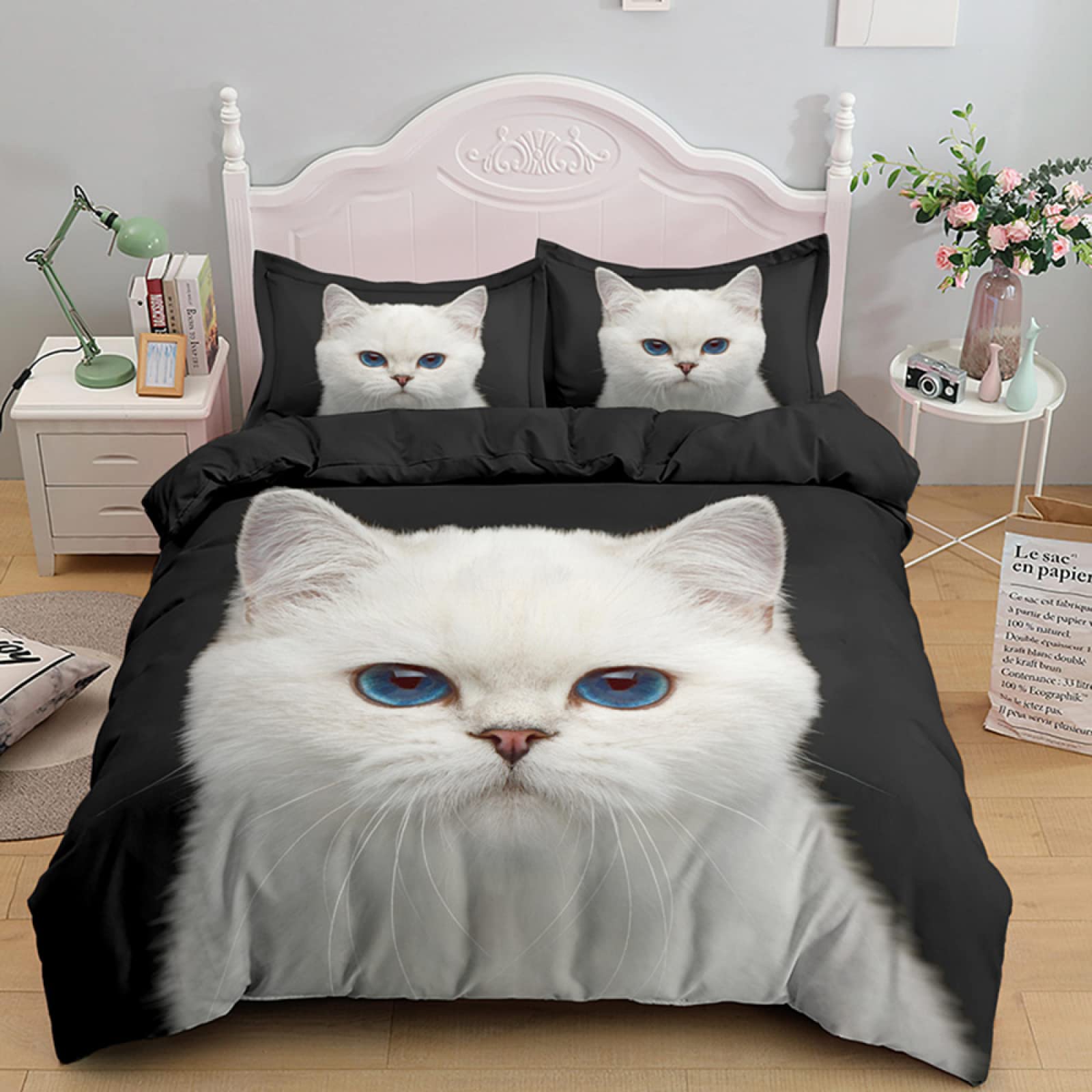 Surwin Copripiumino Matrimoniale, Modello Gatto Set di Biancheria da Letto, 3 Pezzi in Microfibra Copripiumino,con Cerniera Set Copripiumino e Federa (220x260+50x75cm,Gatto Domestico