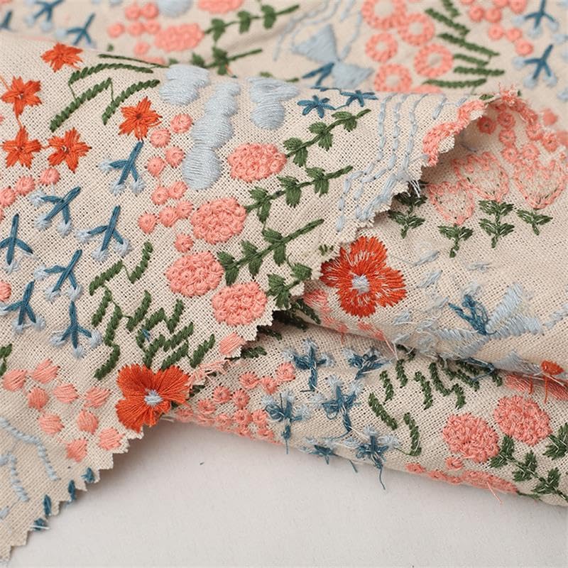 Tissus Couture Tissu brodé de fleurs en coton et lin, tissu à coudre, fabrication robes vêtements(White)