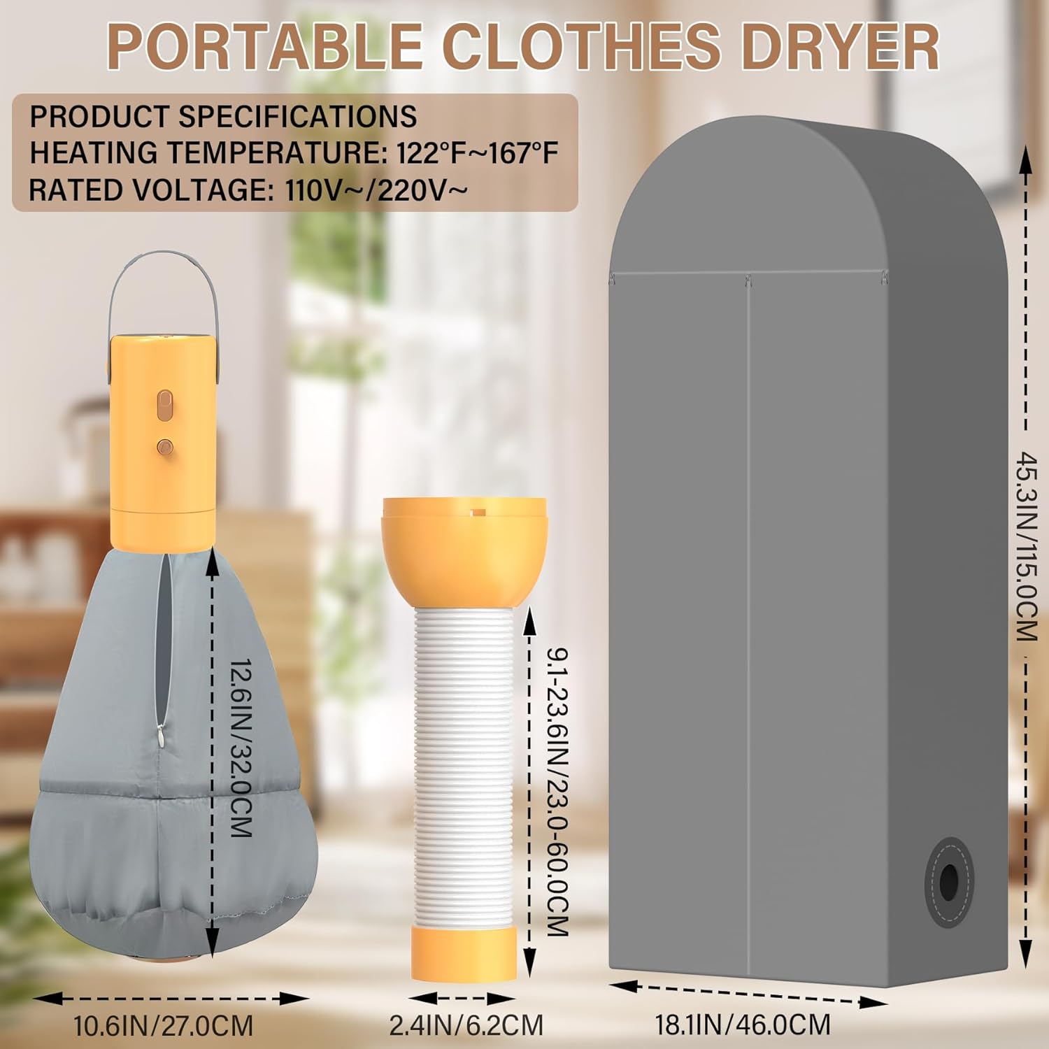 Portable Clothes Dryer - Compact Dryer for Travel, RV, Apartment, Home Detachable Mini Drying Machine with Fabric Cover for Light Clothes, Underwear|Yellow