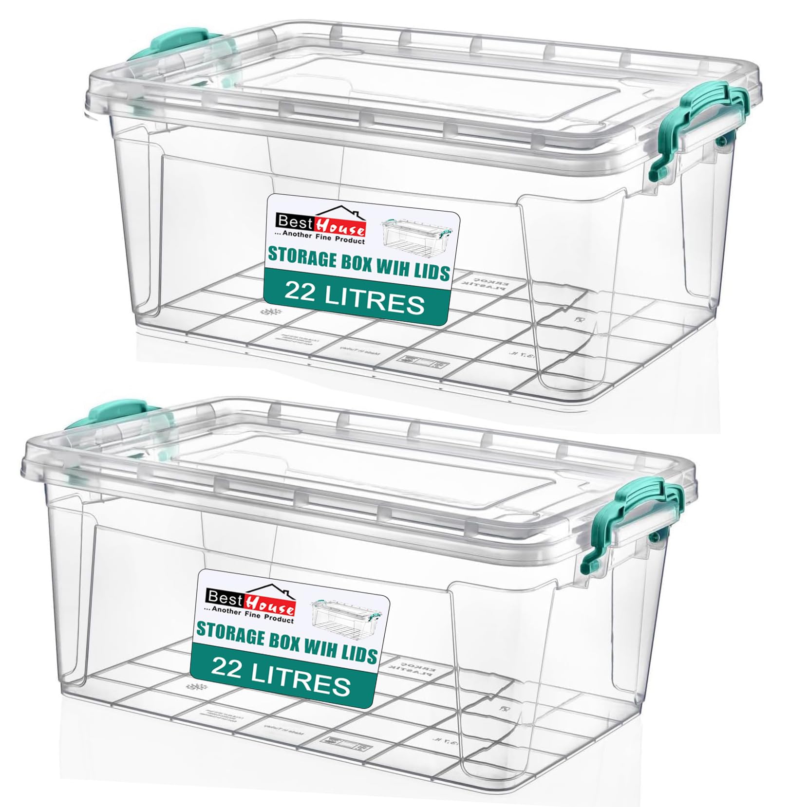 Best House| Plastic Storage Box with Clips & Lid |Size 22L (L:49.2cm W:32.5cm H:21cm)|Set of 2|Rectangle|Stackable Clear Durable Multipurpose Office Home Kitchen Tools Versatile(MEDIUM Size)-22 Litres โ image 1