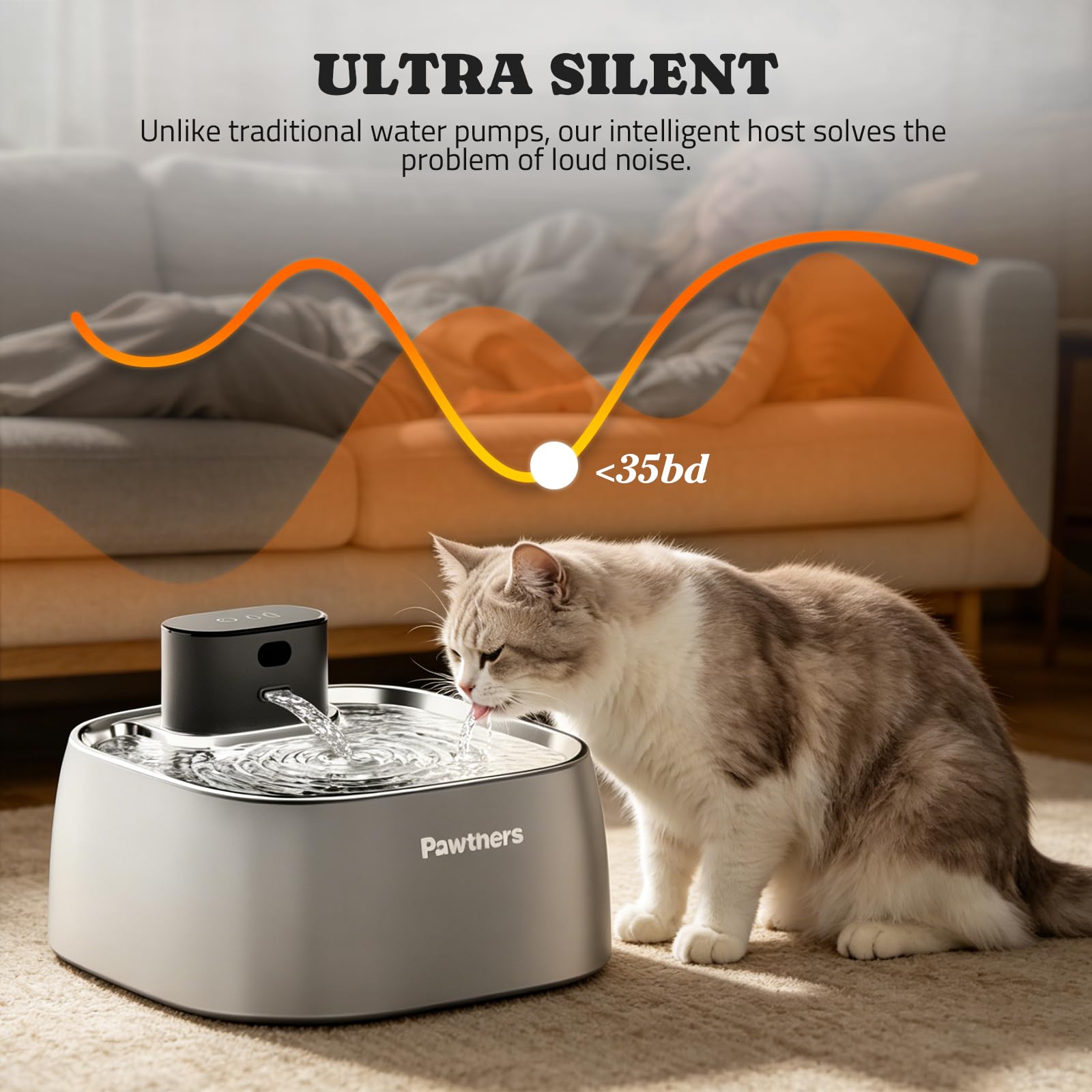 Pawtners, Fontana per gatti senza pompa, in acciaio inox, dispenser automatico di acqua senza fili, 3,2 l, con indicatore intelligente e sensore di movimento a 150°