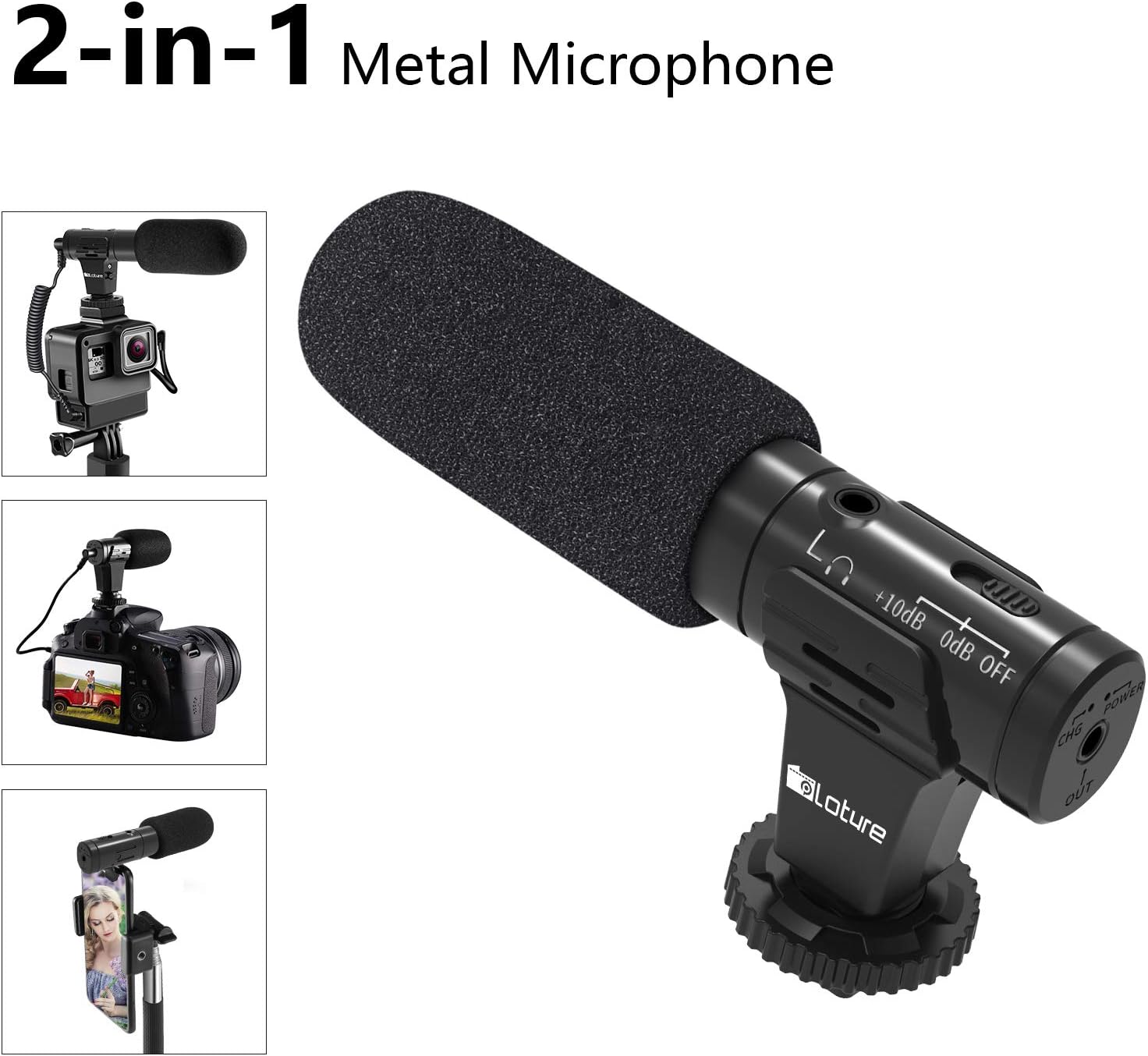 Ploture Phone Microphone and Video Microphone, Super-Cardioid Camera Microphone with Deadcat Windscreen and Earphone Monitor Hole Works with iPhone/Andoid/Smartphones/Camera (3.5mm Interface) (Metal)