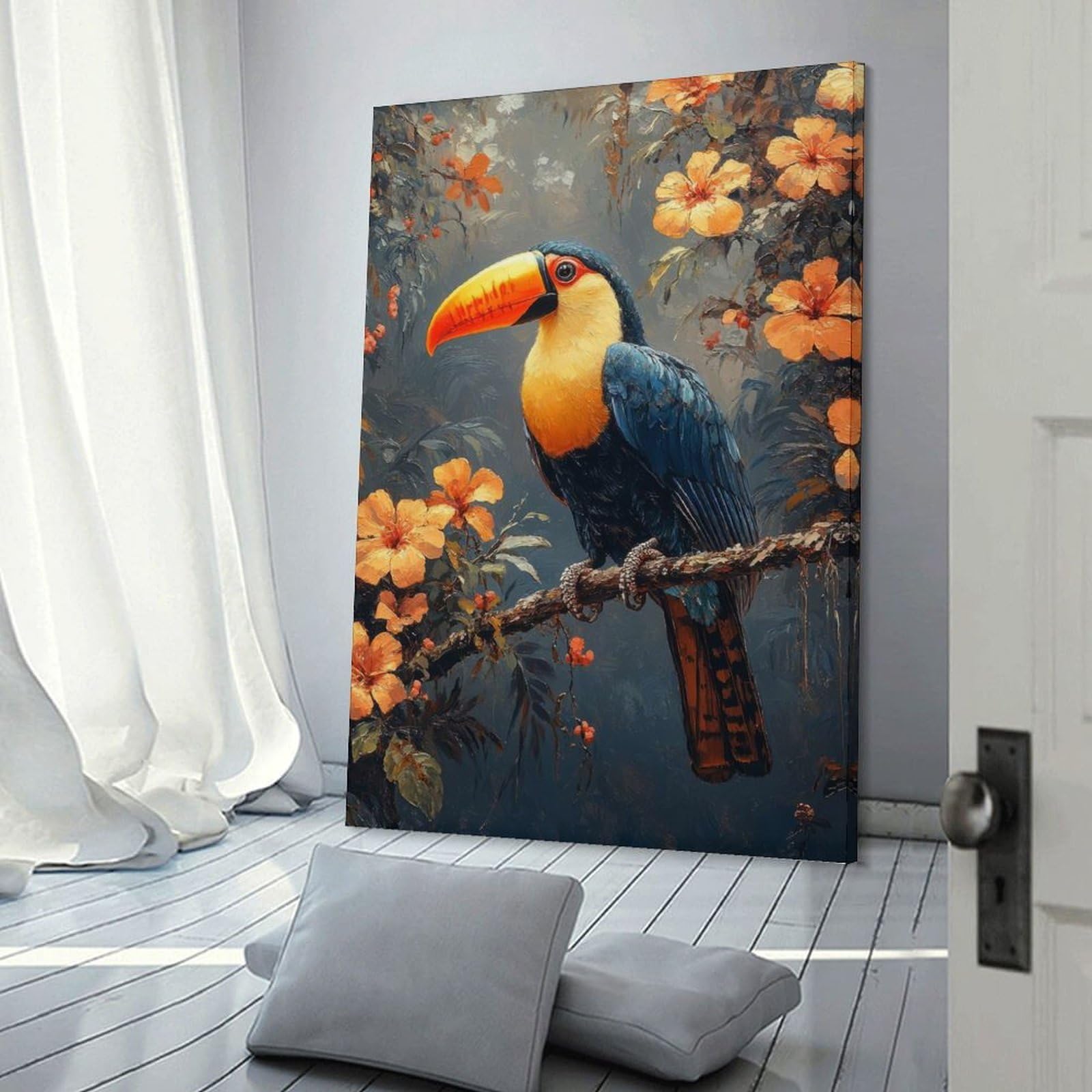 Junmoney Toucan in Tropical Bloom Home Decor Wall Art 12x18inch(30x45cm), for Office, Study Or Home Workspace, Home Office Artwork with Decorative Appeal