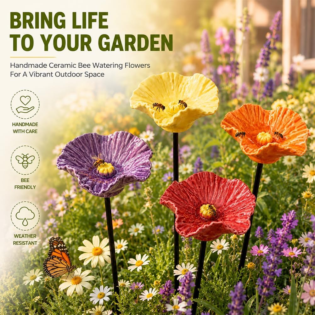2026 Blumen Bienentränke 4er Set – Handgemachte Wetterfest, Blumenförmige Bienentränke für den Garten, Dekorative Bienenwassertränke mit Metallstab – Lockt Bienen, Schmetterlinge & Nützlinge an (4Pc)