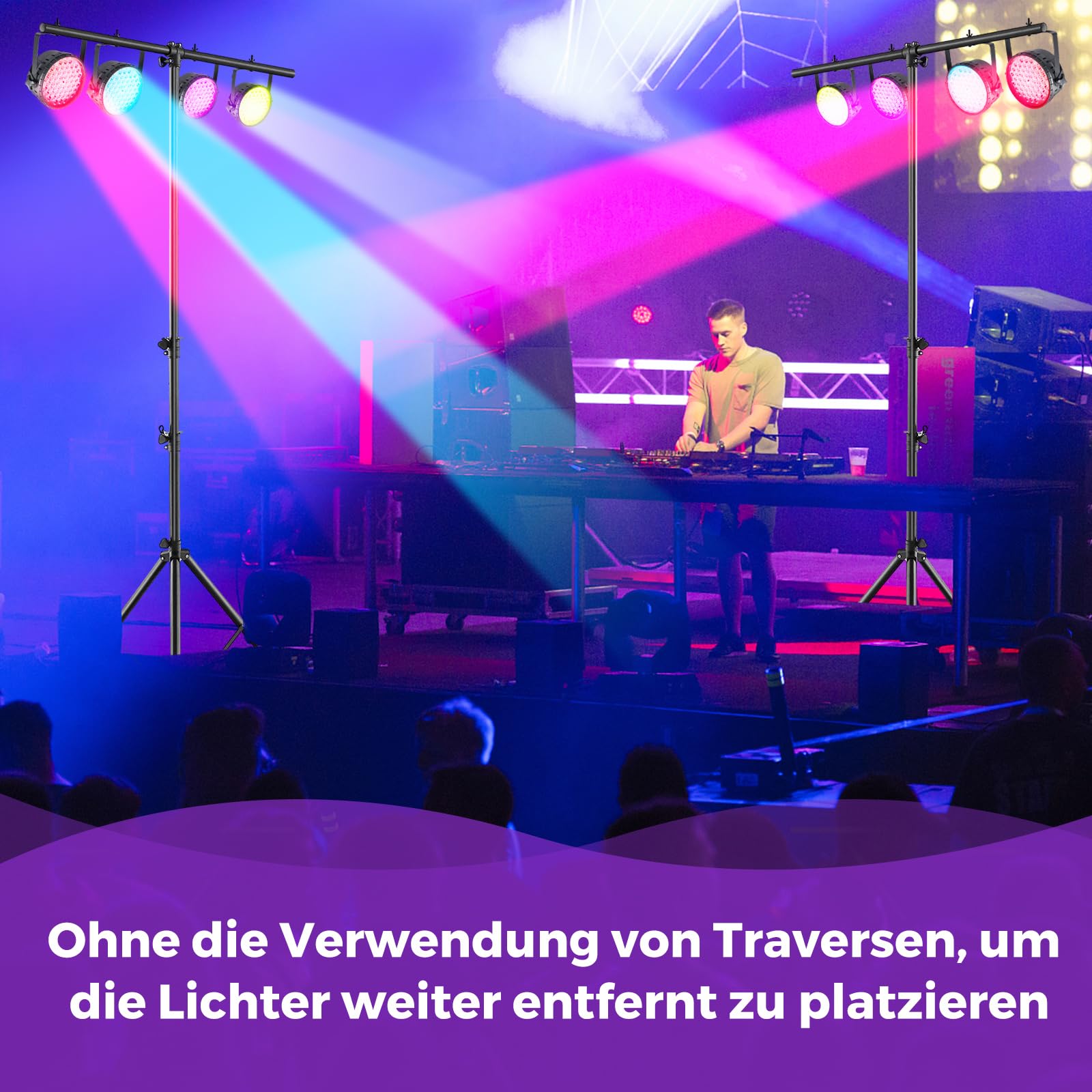 GYMAX 3,5 m Lange DJ-Lichtstativ, Lampensaktiv 180-350 cm höhenverstellbar, Lichteffekt Lichtanlage Set mit einziehbaren T-Stangen bis 100kg Belastbar, Leuchtenstativ für Konzerte, Theater & Partys