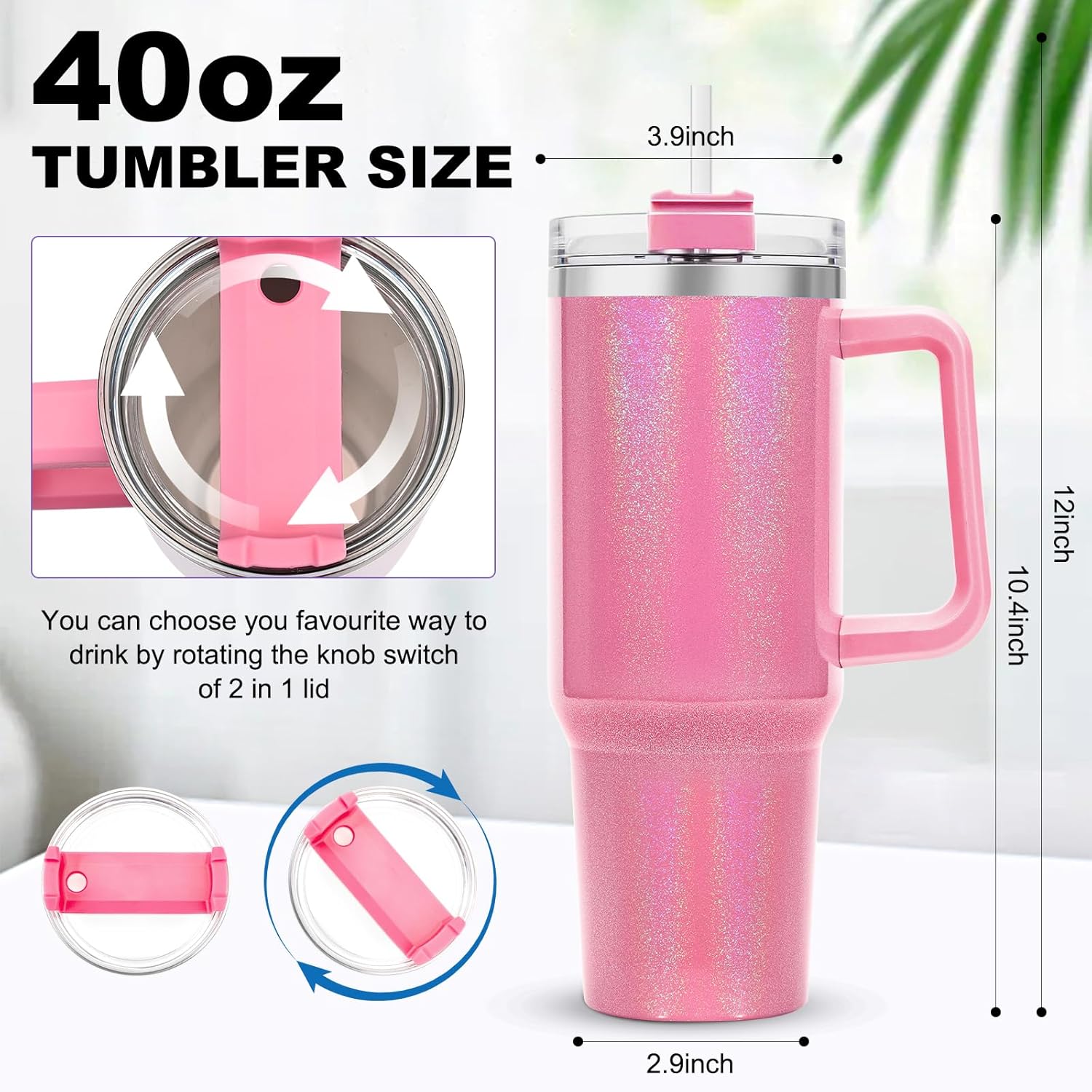 40 oz Tumbler with Handle and Flip Straw Lid, Vacuum Insulated Leak Proof Double Walled Stainless Steel Glitter Travel Mug Tumblers, Maintains Cold Ice and Heat for Hours(Pink) - Image 2